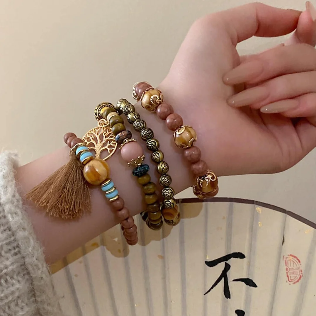 Bransoletka boho z drewnianymi koralikami, bransoletka czakra dla kobiet, naturalne kryształowe kamienie lecznicze, bransoletka dla kobiet, drzewo życia, charms