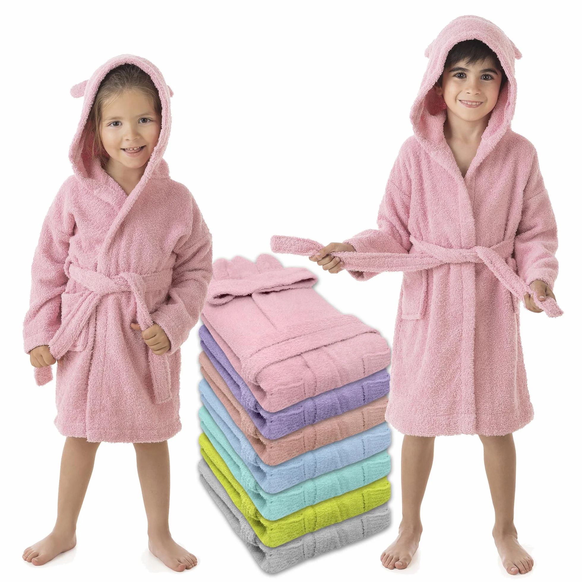 LEBENGOOD Szlafrok dziecięcy z uszami - unisex, 100% bawełna OEKO-TEX®, kieszenie, pasek, kaptur