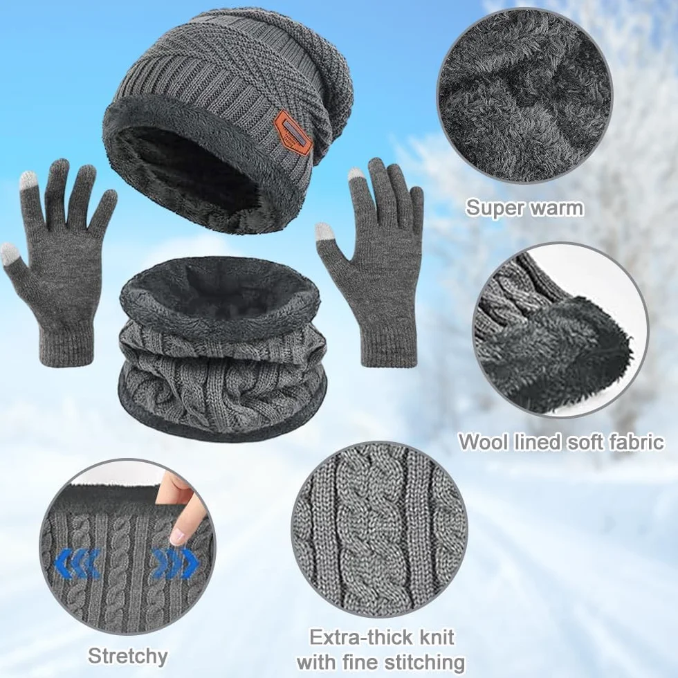Zestaw czapek, szalików, rękawiczek, zimowych, komin, zimowy, ciepła czapka beanie, szalik, zestaw rękawiczek do ekranów dotykowych, oddychające i elastyczne, dla mężczyzn i kobiet, szary, m