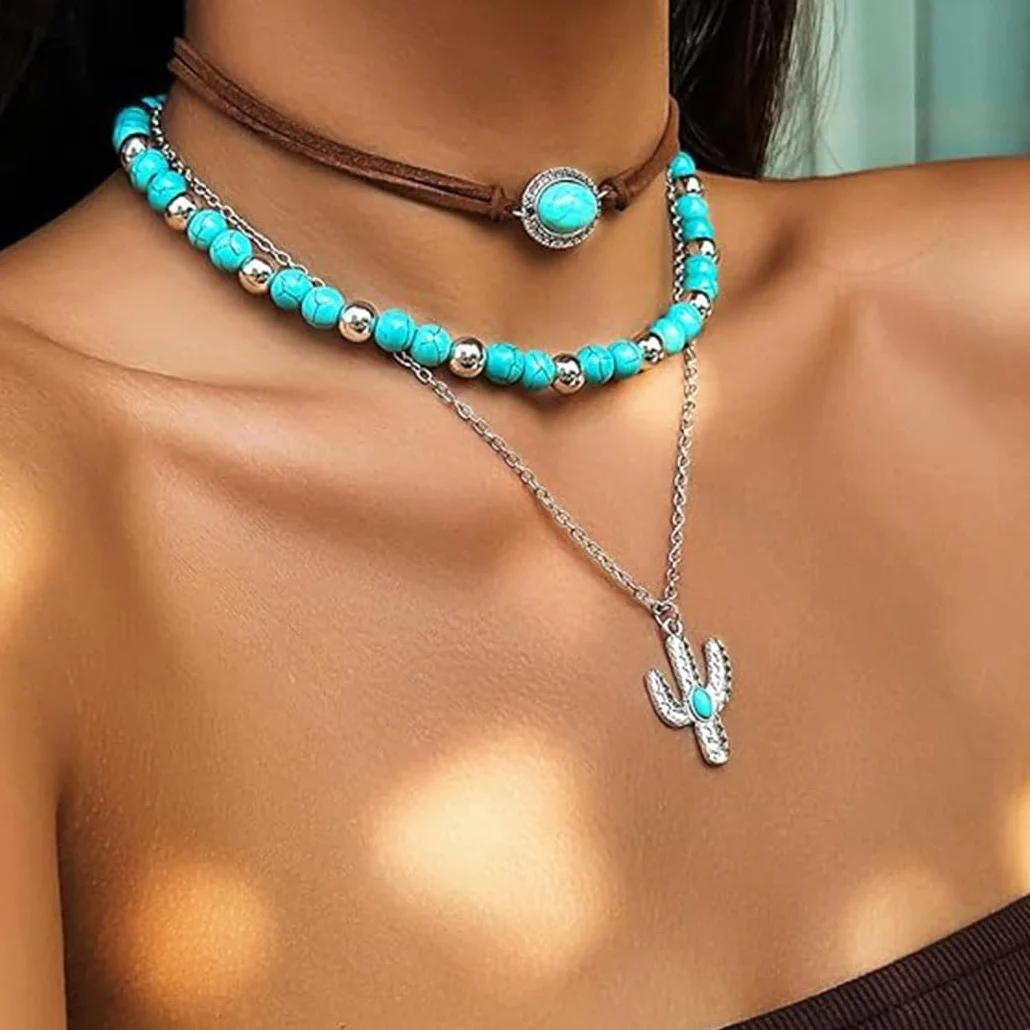 Naszyjnik w stylu boho w kolorze turkusowym, srebrnymi perłami, choker, łańcuszek warstwowy, biżuteria dla kobiet