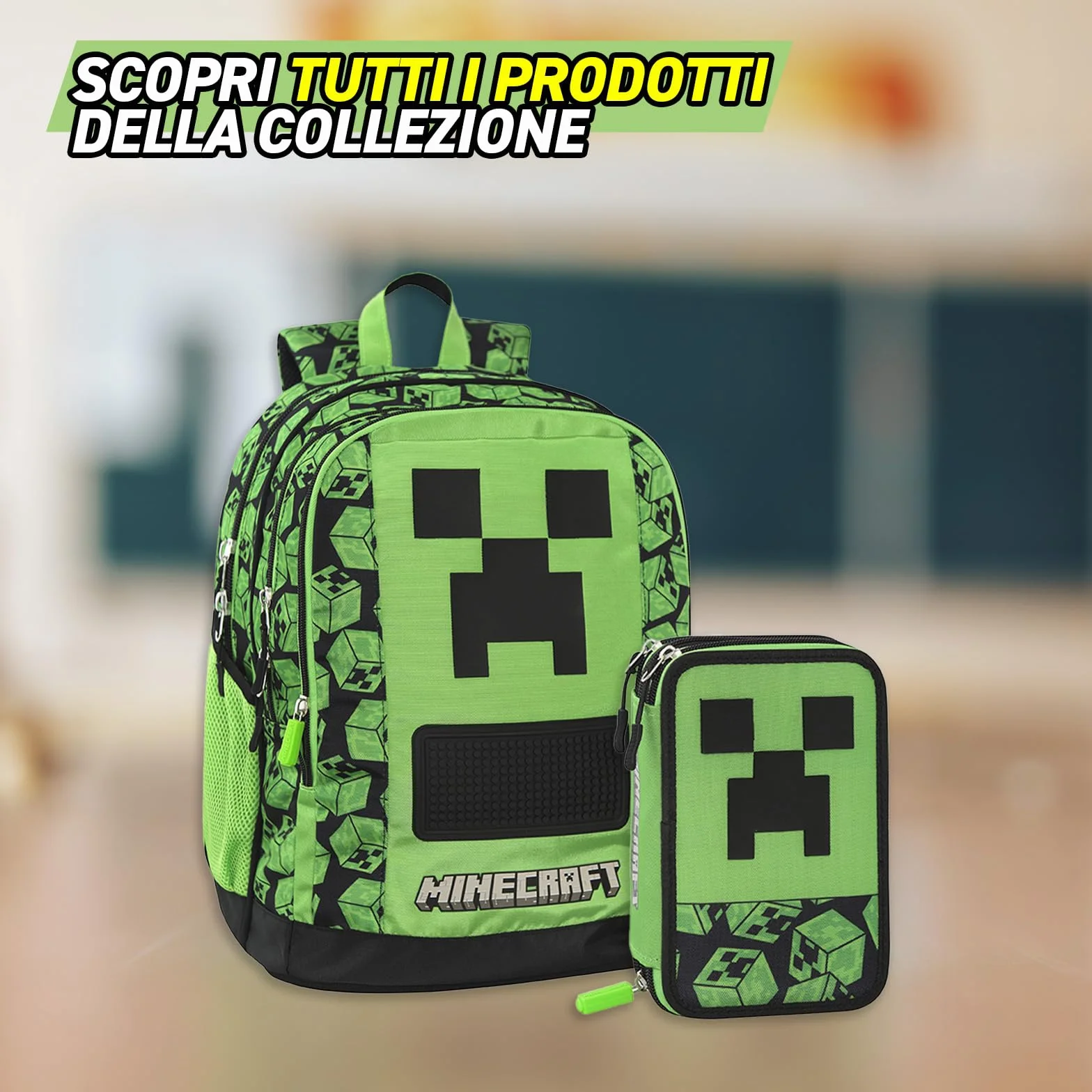 MINECRAFT Oficjalny plecak szkolny Minecraft z 2 dużymi przestrzeniami środkowymi, wyprofilowaną kieszenią przednią, bocznymi kieszeniami z siatki, regulowanymi wyściełanymi paskami na ramię