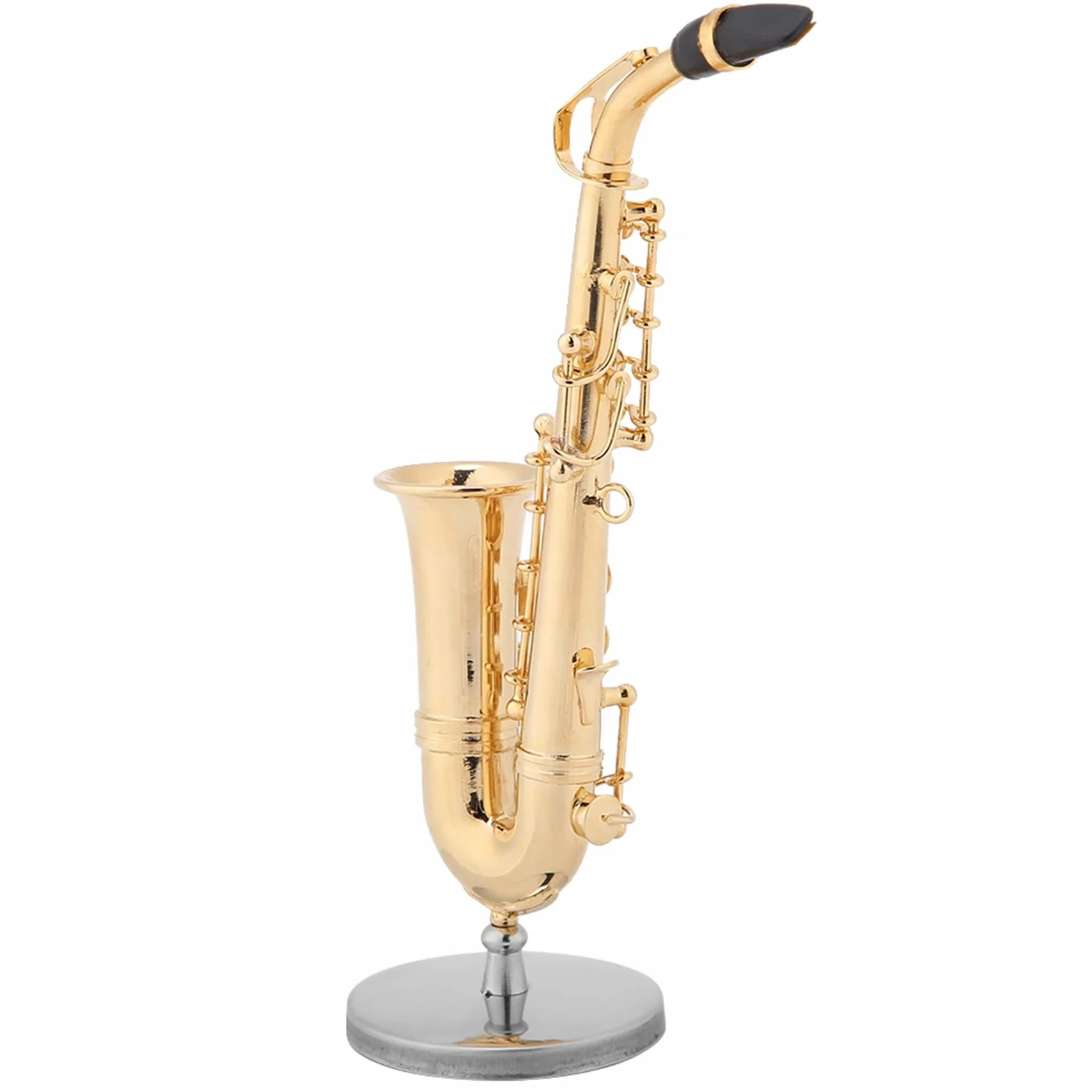 14 cm miniaturowa replika saksofonu altowego z pozłacanym stojakiem, etui i ornamentem mini instrument muzyczny model do dekoracji wnętrz figurka model