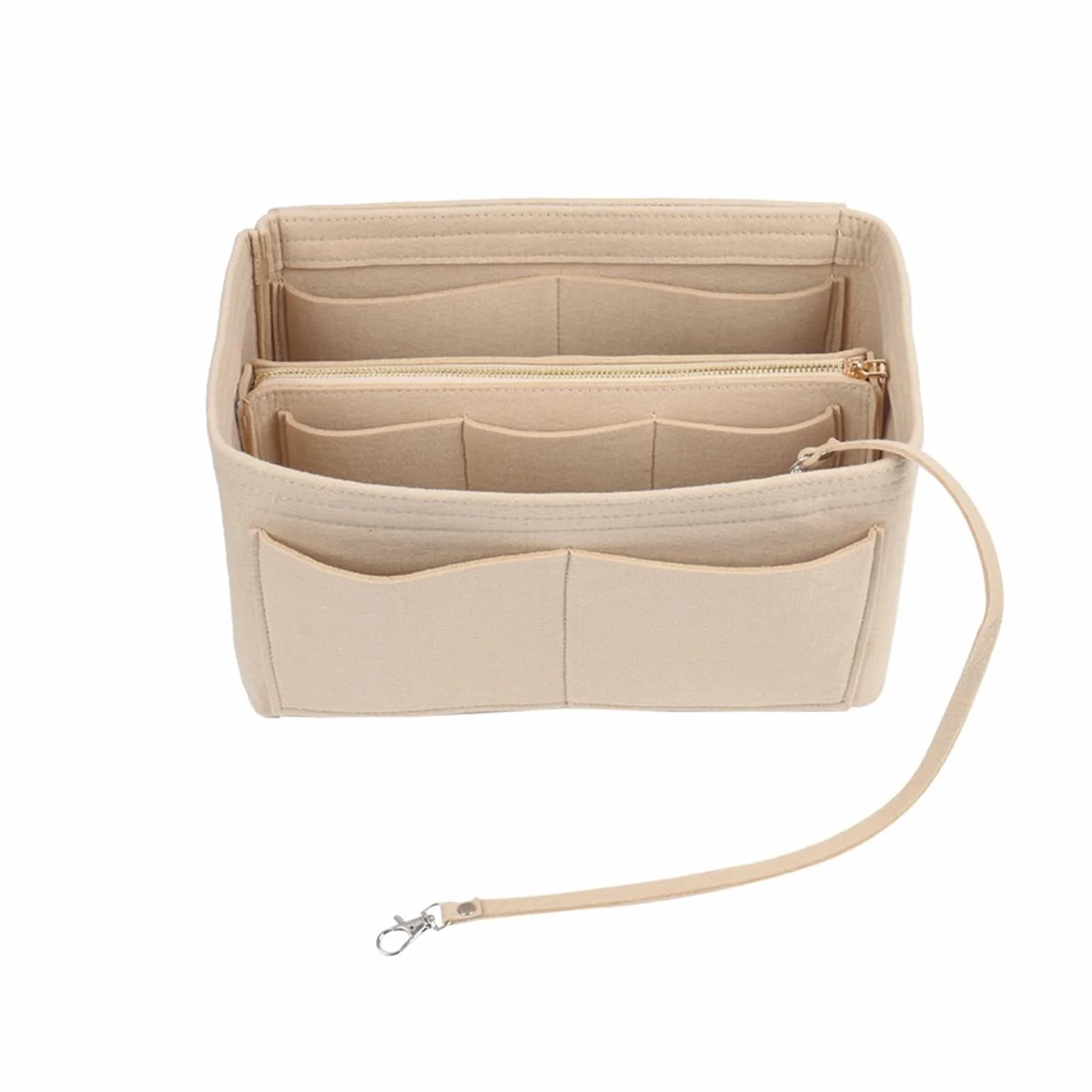 Beżowy filcowy organizer do torebki, wielofunkcyjna kosmetyczka, organizer do torebki, 2 w 1 wkład z oddzielnymi kieszonkami do torebek dla kobiet, średni (27 * 16 * 16 cm)