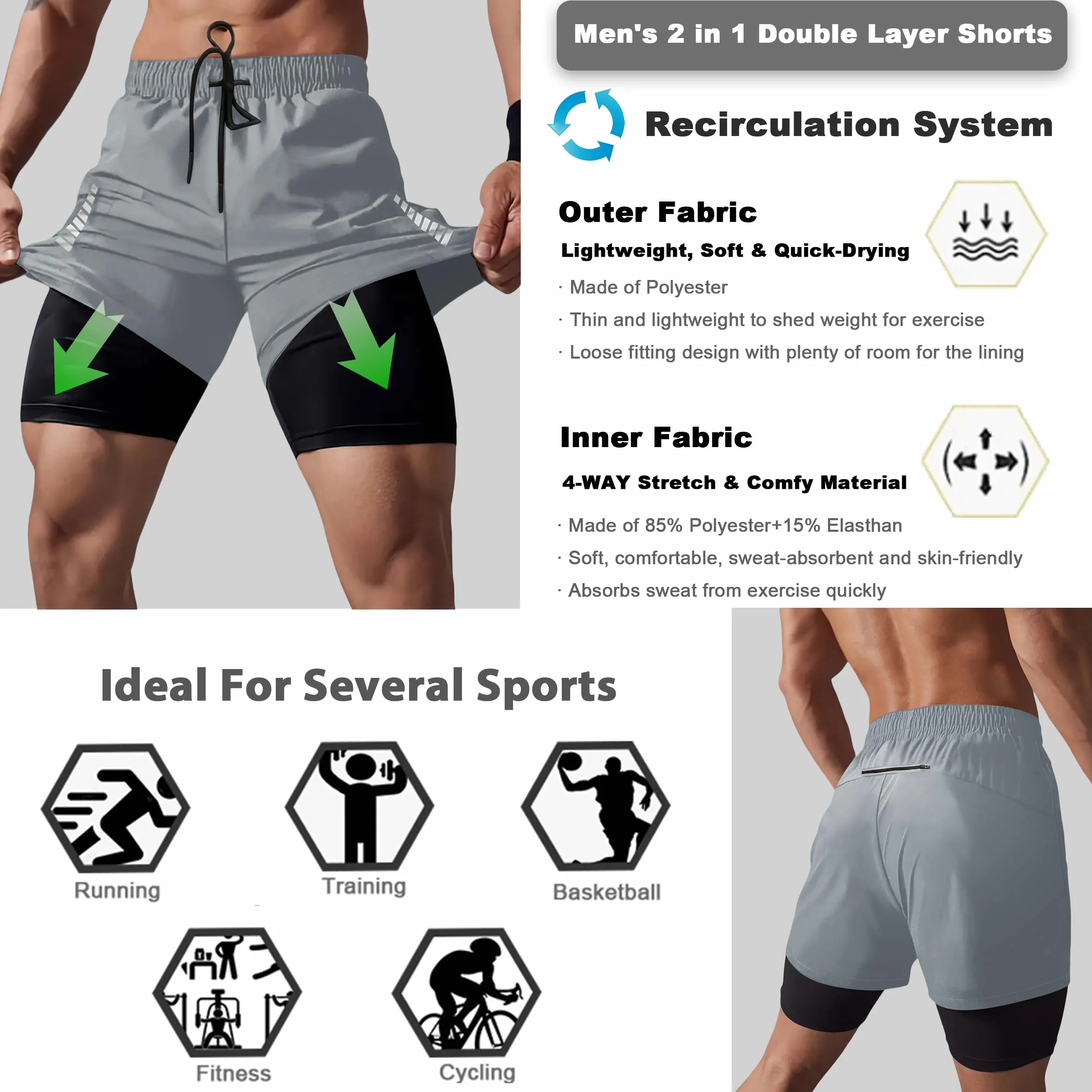 Smarstyle męskie krótkie spodenki do biegania, 2 w 1, szybkoschnące, sportowe spodnie z kieszeniami, oddychające spodenki treningowe