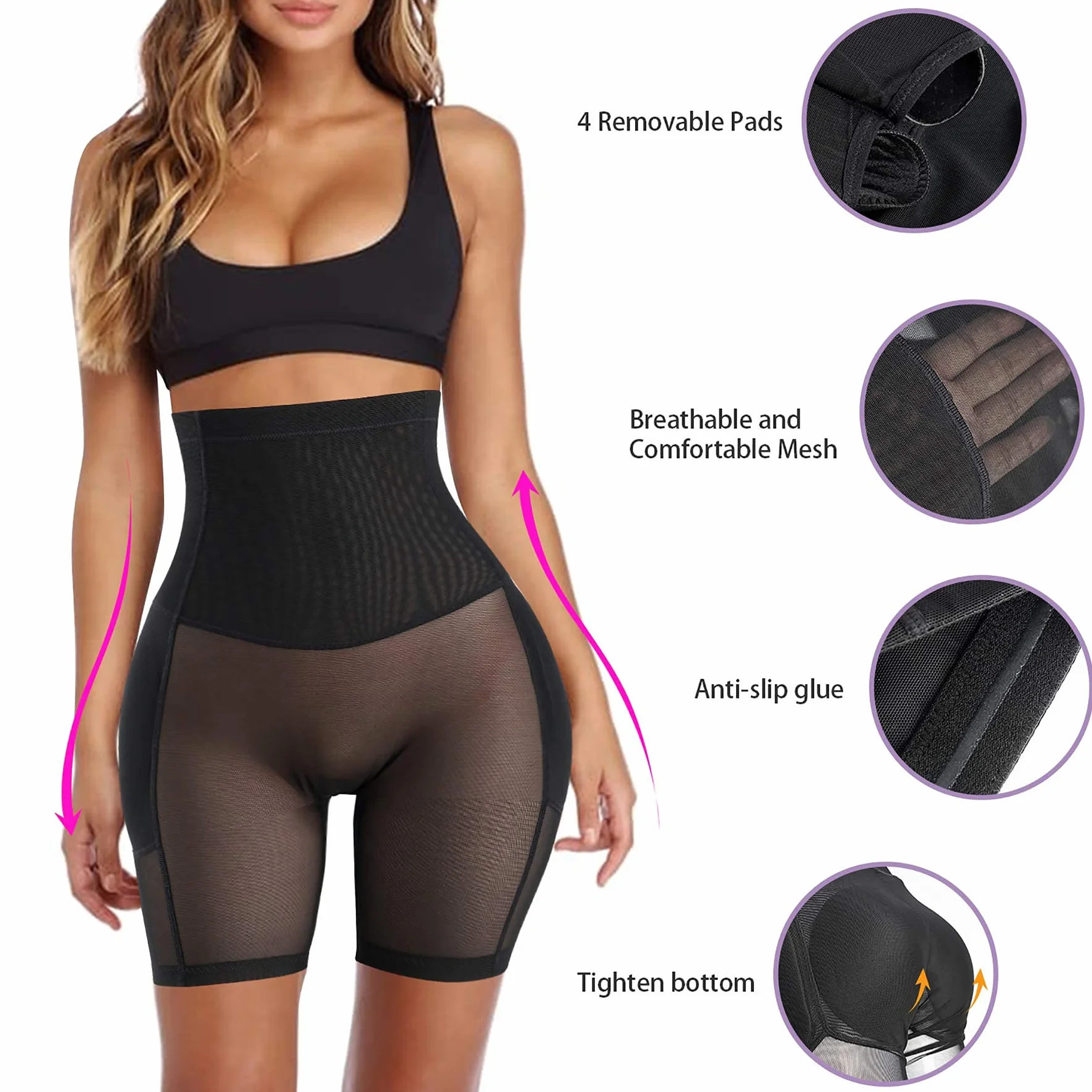 Damskie majtki push-up, wyszczuplające brzuch, z nogawkami, modelujące pośladki, wysoka talia, oddychające majtki modelujące figurę