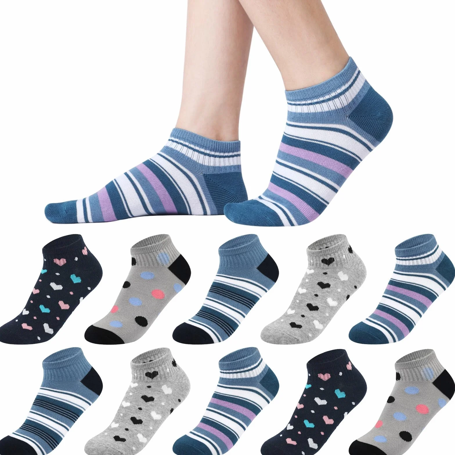 Skarpety damskie do sneakersów 35-38 39-42, 10 par bawełnianych krótkich skarpet dziewczęcych, wielokolorowe skarpety do sneakersów, kolorowe skarpety damskie z kropkami w paski, Niebieski zestaw.,