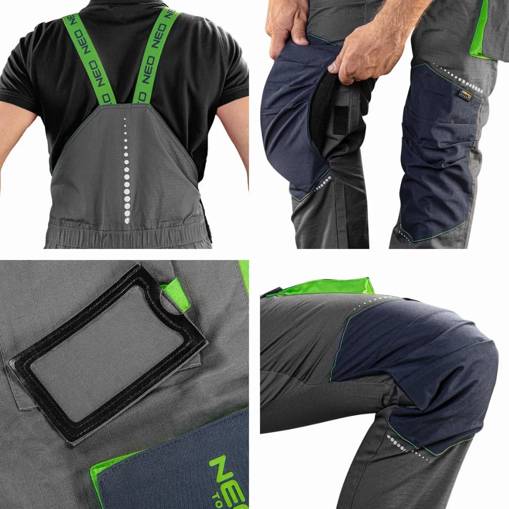 NEO TOOLS Męskie spodnie robocze klasy premium, 100% bawełna 210 g/m2, Ripstop, rozmiar XS-3XL, obszar kolan wzmocniony Cordura, elastyczny gumowy ściągacz i szelki, elementy odblaskowe