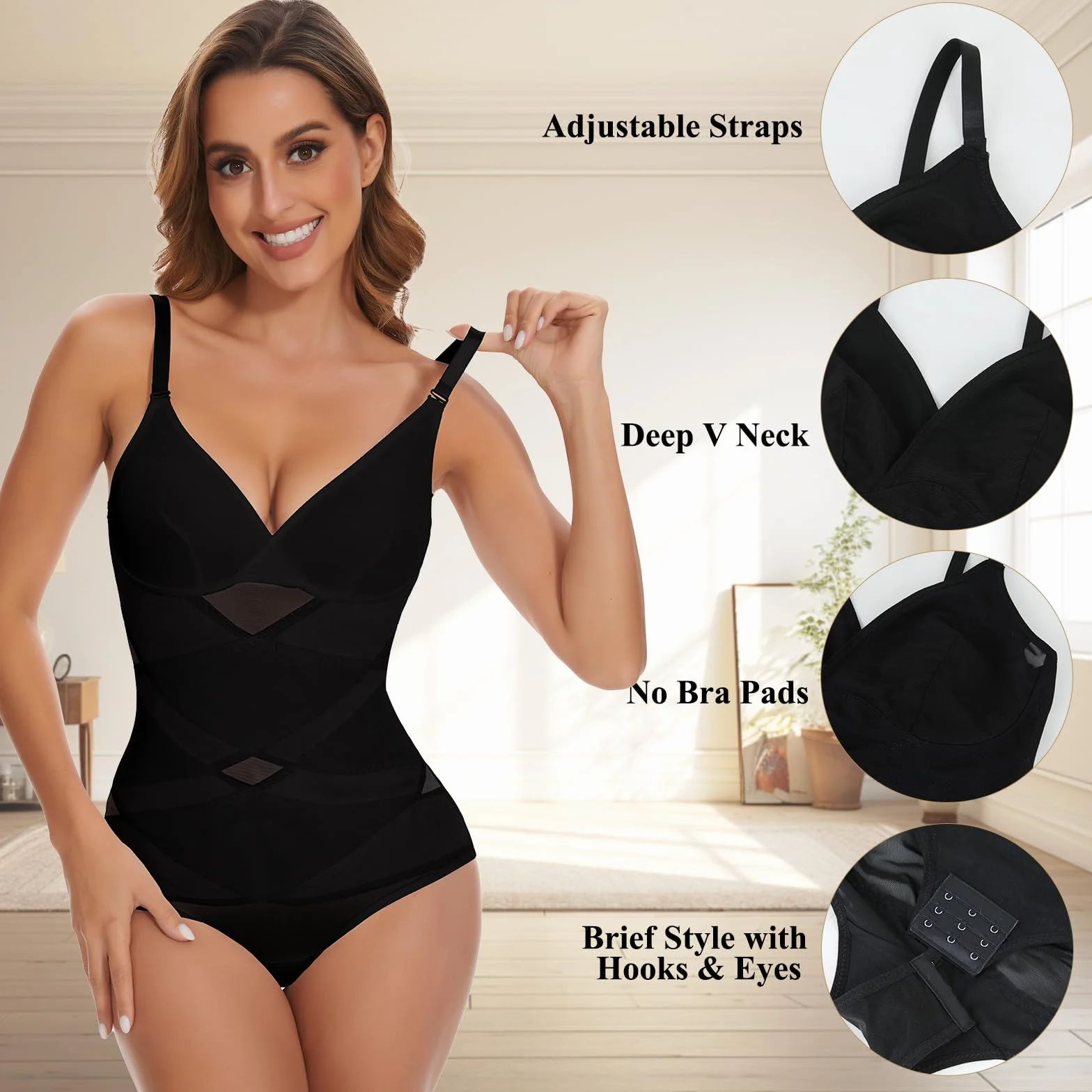 Joyshaper Shapewear damskie body modelujące brzuch, wyszczuplające brzuch, dekolt w serek, gorset modelujący figurę, top z biustonoszem