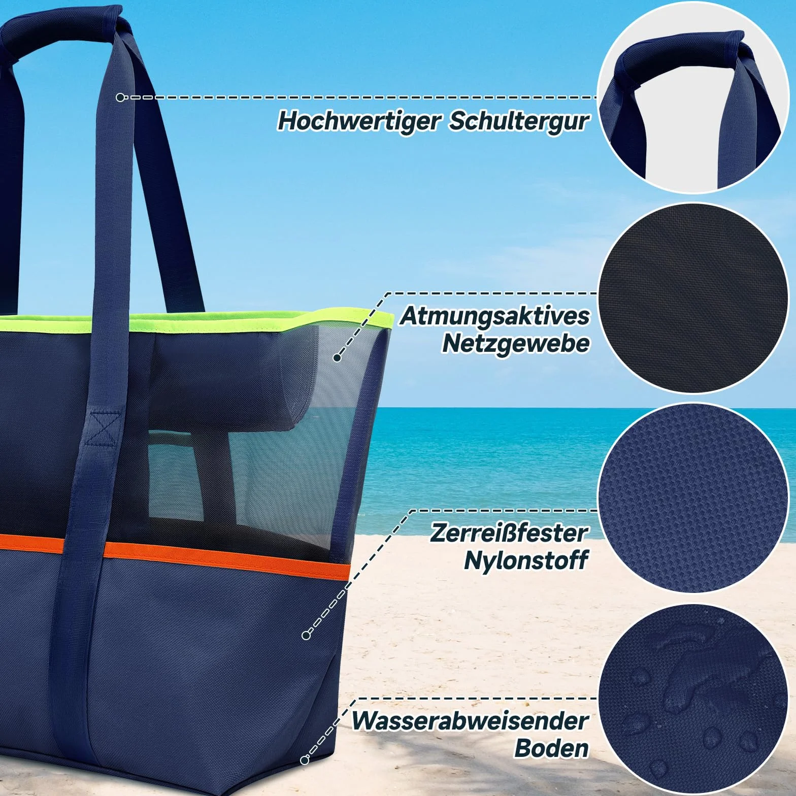 Torba plażowa XXL, torba plażowa z zamkiem błyskawicznym, torba na zakupy, damska duża torba łazienkowa, na podróż, zakupy i na co dzień, niebieski, l