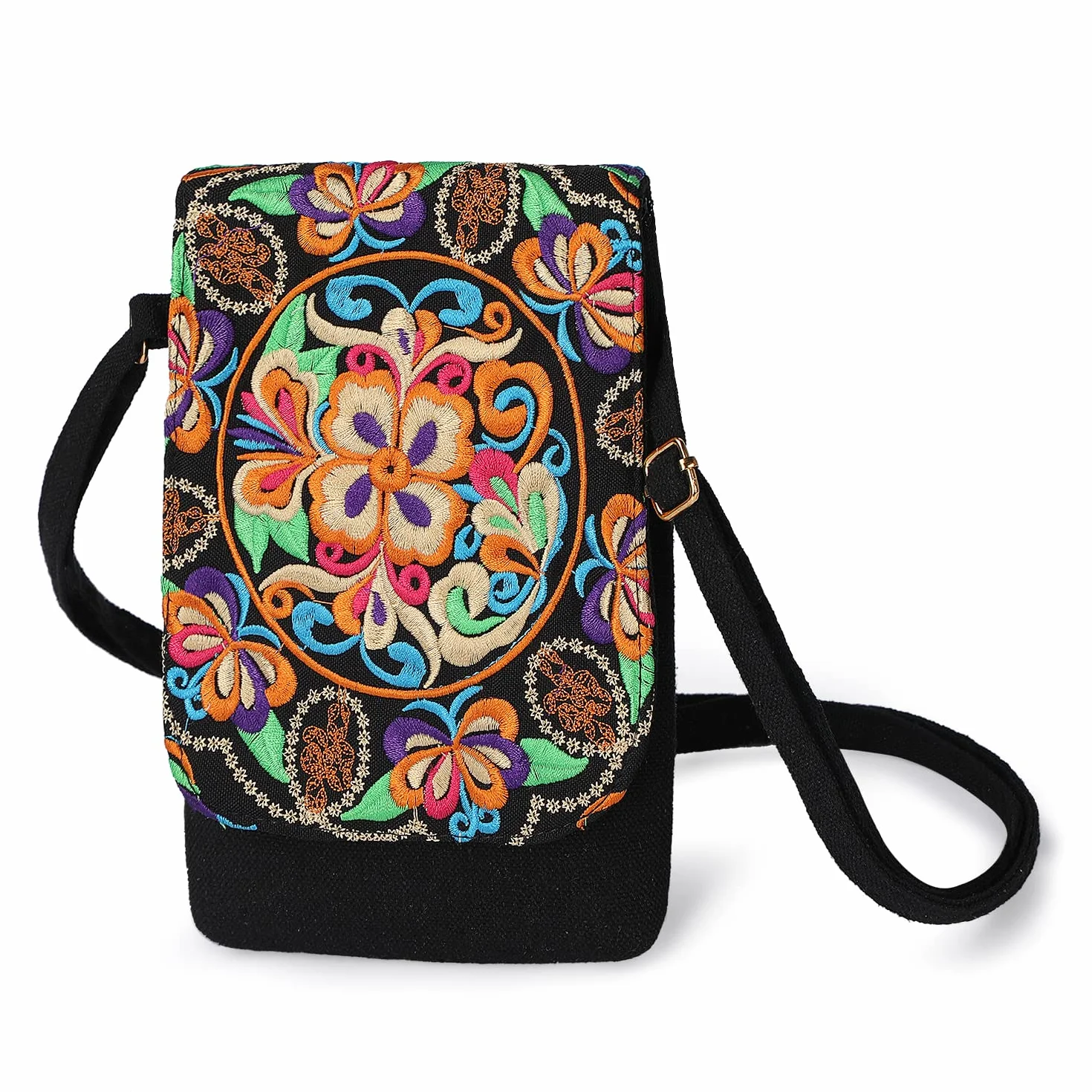Mini etui na telefon komórkowy dla kobiet. Torba na ramię w stylu boho, styl hippie, crossbody, hobo, regulowany pasek, haftowany portfel na monety w stylu vintage dla dziewcząt, czarny, S