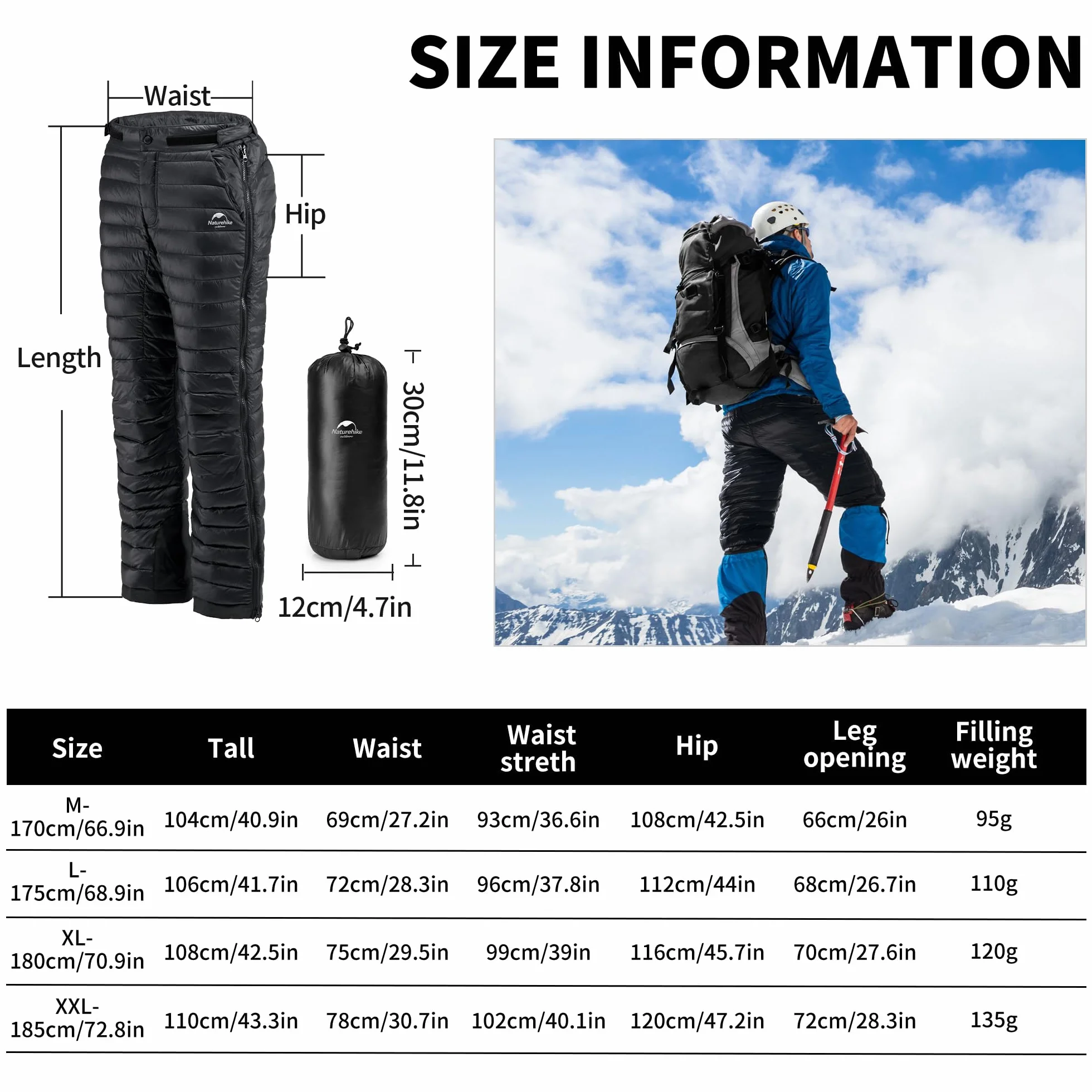 Naturehike Spodnie Zimowe Męskie Ciepłe Ultralekkie Damskie Spodnie śniegowe Podwójny Boczny Zamek Błyskawiczny Outdoor/camping Wodoodporny Gęsi Puch