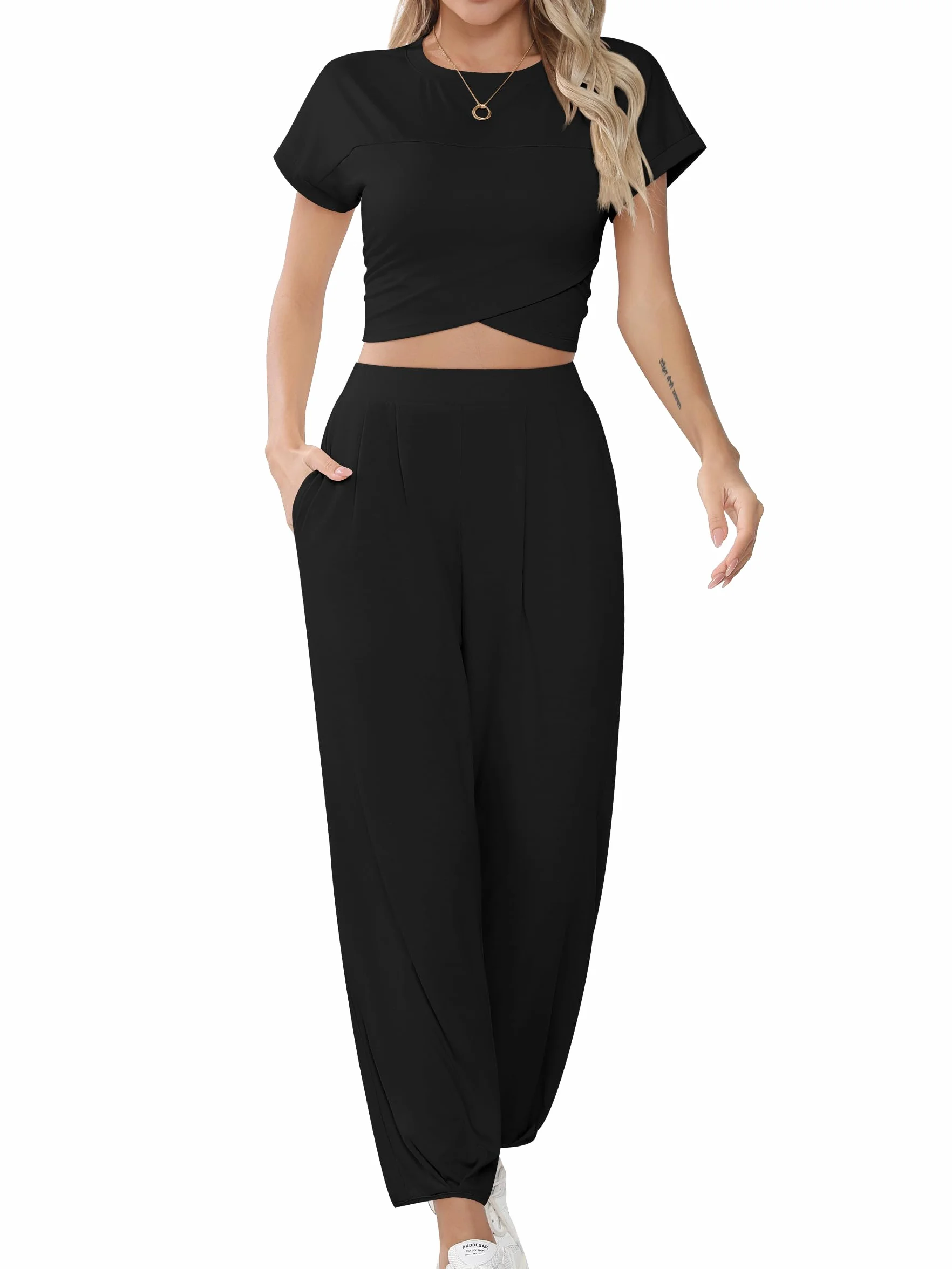 Missufe Damski dres treningowy typu crop top i spodnie do biegania, strój rekreacyjny, 2-częściowy strój z kieszeniami