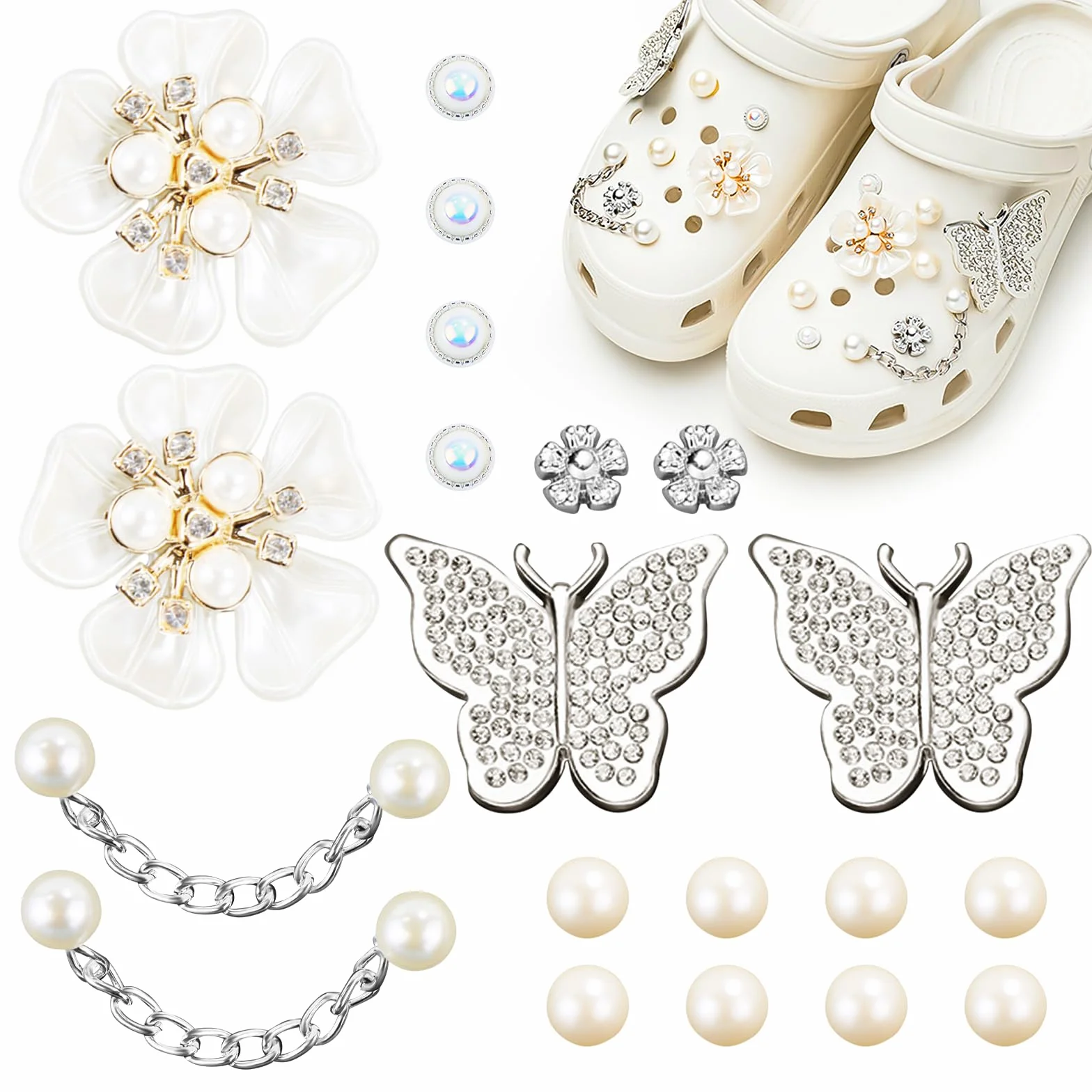 20 sztuk Crocs Ornamenty, Charms Crocs z perłowymi łańcuchami, Pin Crocs Motyle Deco, Kwiaty Croc Pin, Zdejmowane DIY Akcesoria Croc dla kobiet Dorosłych