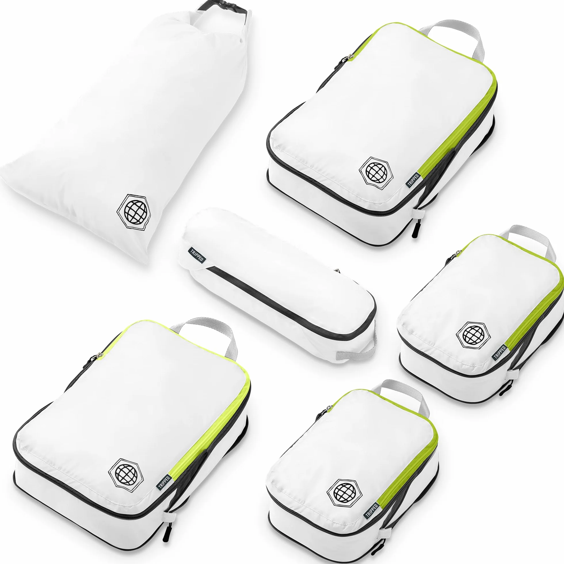 TRIPPED Travel Gear 6-częściowy zestaw kompresyjnych kostek do pakowania Carryon Travel, lekkie torby bagażowe z podwójnym zamkiem błyskawicznym (białe i zielone)