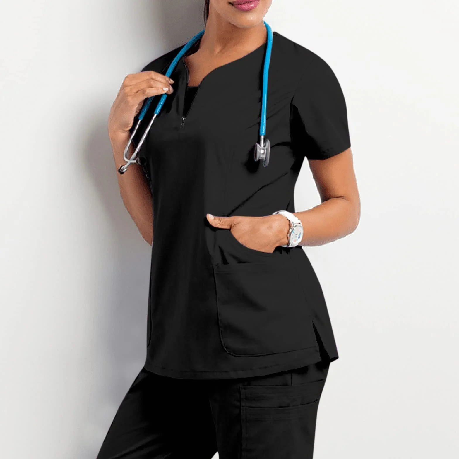 Scrubs mundury dla kobiet UK medyczne mundury scrubs damskie dekolt w serek krótki rękaw pielęgniarka peeling topy dla pielęgniarek jednolity mundur