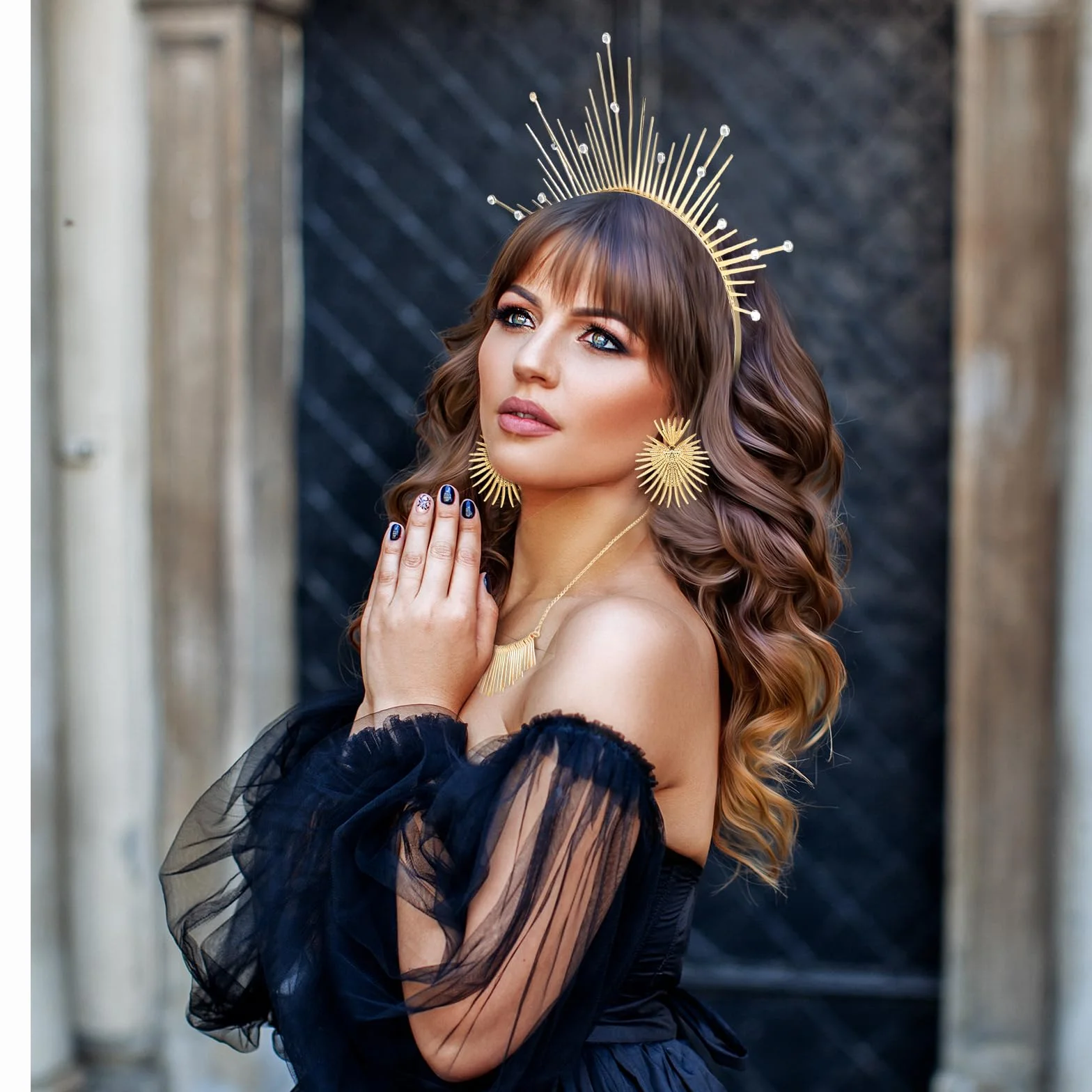 DPKOW Halo Crown opaska na czoło słońca, akcesoria do kostiumu, nakrycie głowy, naszyjnik, kolczyki, tatuaż na twarz dla greckiej , dla kobiet, karnawał, cosplay
