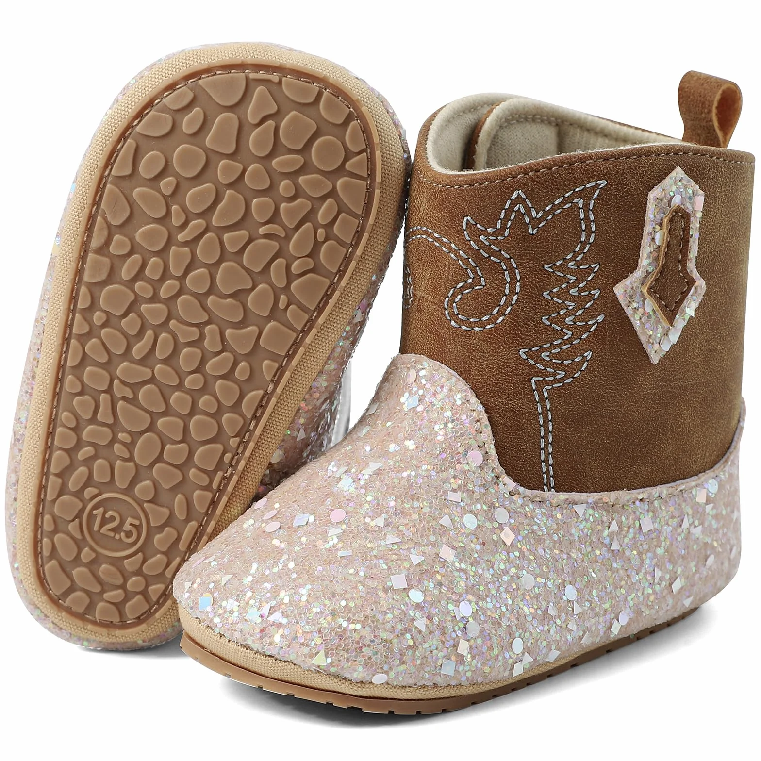 LACOFIA Buty niemowlęce dla dziewczynek, buty do nauki chodzenia, Bling Bling Bootie, kowbojki, buty westernowe z antypoślizgową miękką podeszwą, dla dzieci w wieku 3-18 miesięcy