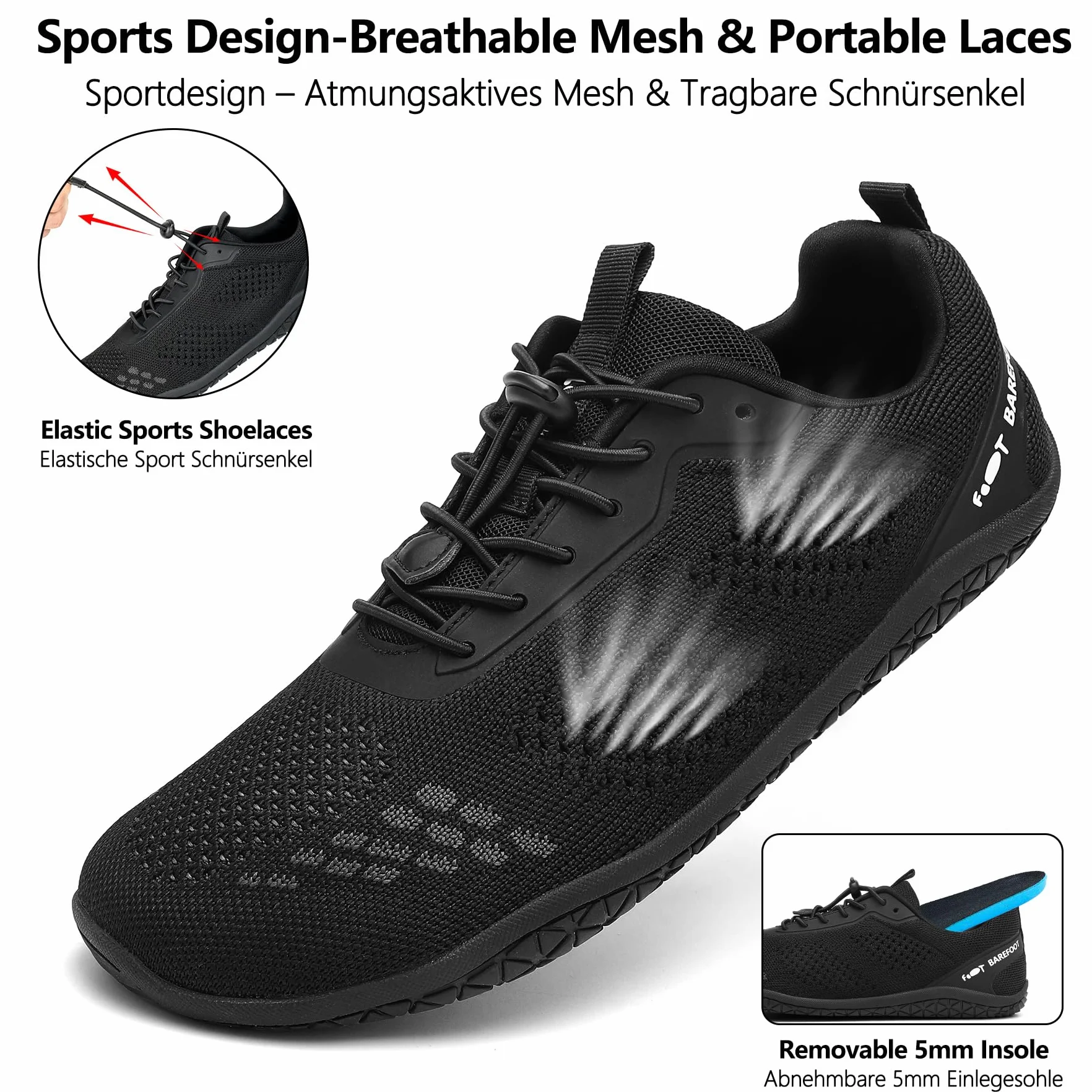 Geweo Buty Barefoot Męskie i Damskie Lekkie Wygodne Buty Sportowe Treningow z Szeroką Skrzynią na Palce Oddychające Buty do Biegania, do CrossFit i Fitness, Świeżym Powietrzu Sport Unisex Czarny 46EU