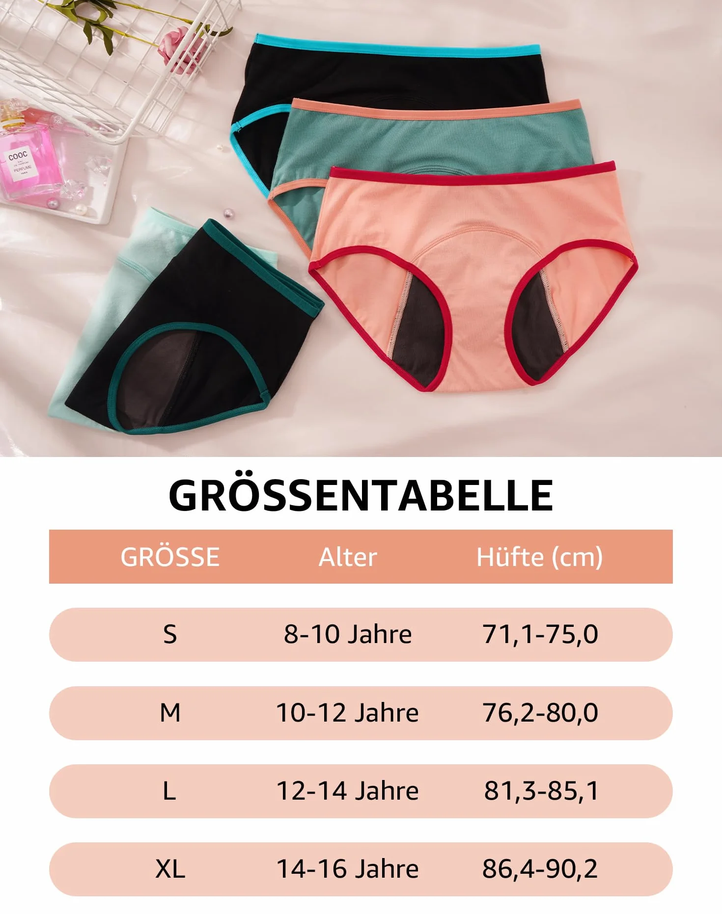 INNERSY Bielizna dla dziewcząt od Period, bielizna bawełniana, majtki z zabezpieczeniem przed wyciekiem, zestaw 3 szt, Czarny / zielony / różowy, 14 Lata