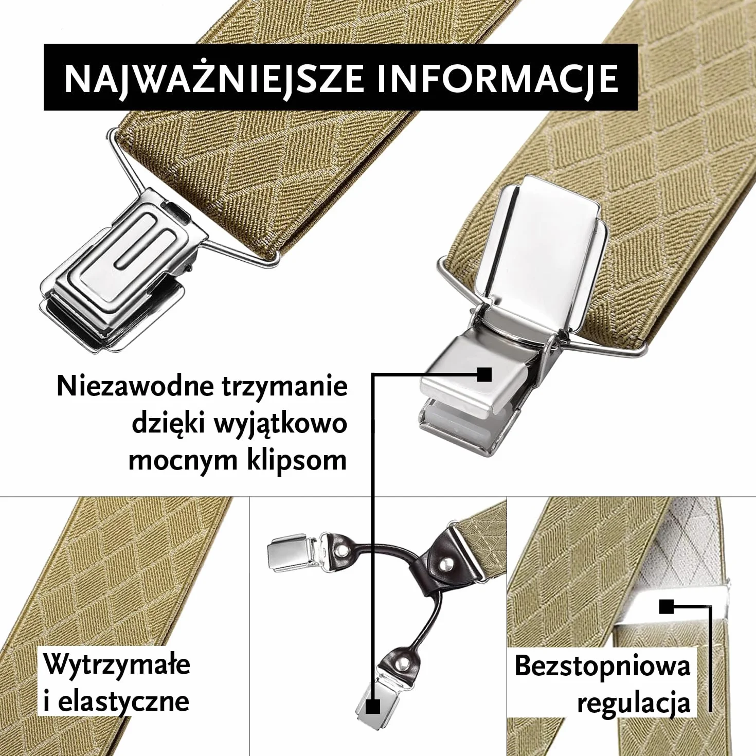 DonDon Szelki męskie szerokość 3,5 cm 4 klipsy z brązową skórą krój Y elastyczne i regulowane