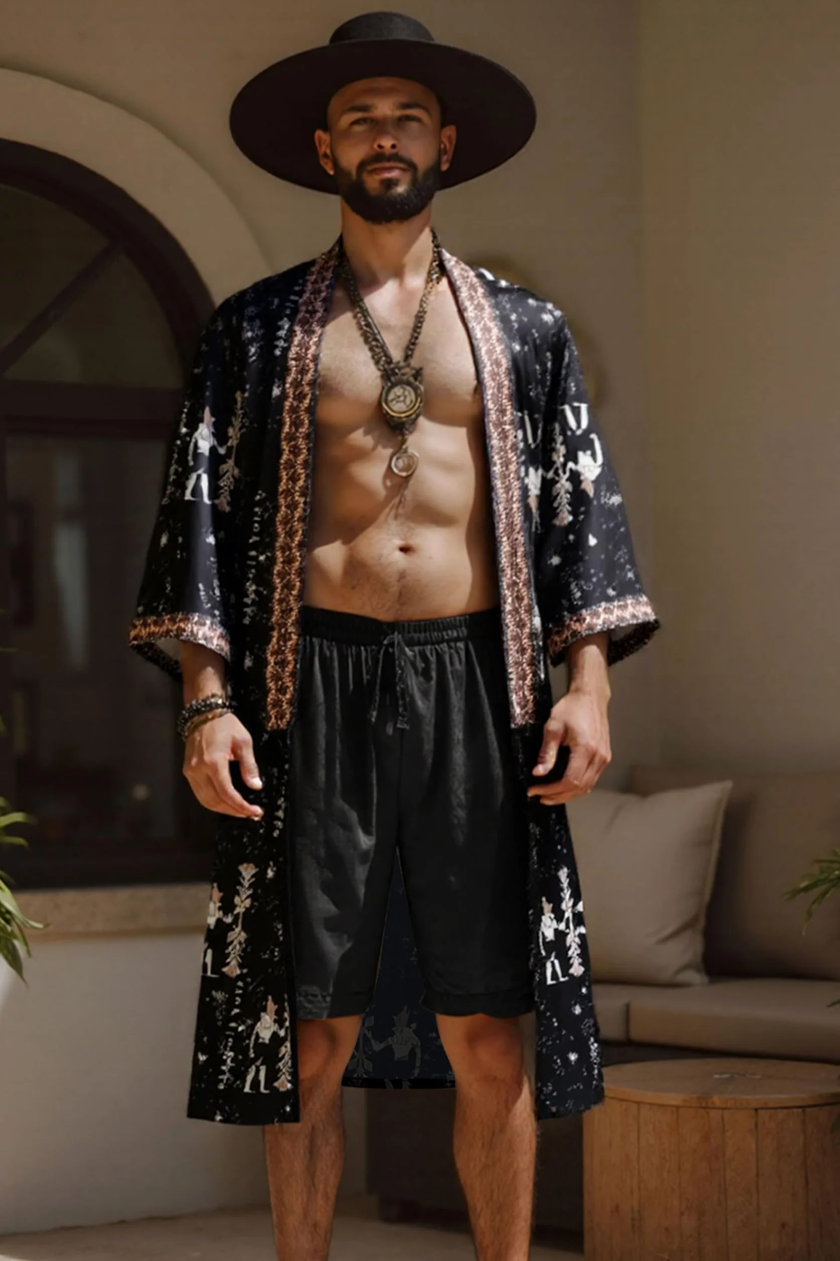 BABEYOND Houndstooth kimono męski szlafrok kąpielowy – długi jedwabny płaszcz do spania męski bielizna nocna satynowy szlafrok szlafrok modny szlafrok kąpielowy