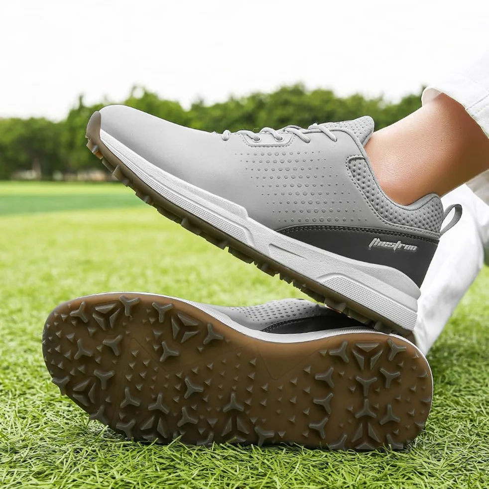 Męskie buty do golfa Spikless Leather Wide Fitting Golf Sneakers Outdoor Large Size Wodoodporne obuwie do chodzenia,Grey,43 EU