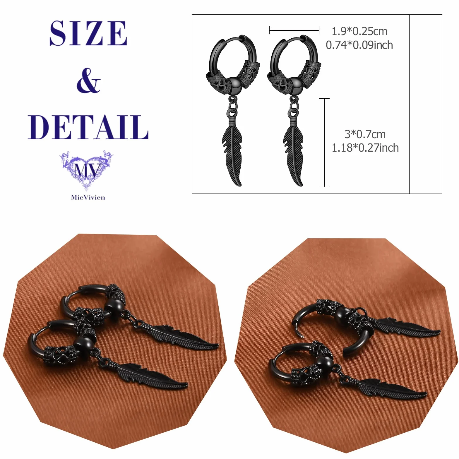 Kolczyki koła z piórami punk stal nierdzewna liść huggie kolczyki sztyfty na zawiasach unisex piercing biżuteria obręcz wiszące kolczyki dla kobiet mężczyzn, Stal nierdzewna, Bez kamieni szlachetnych