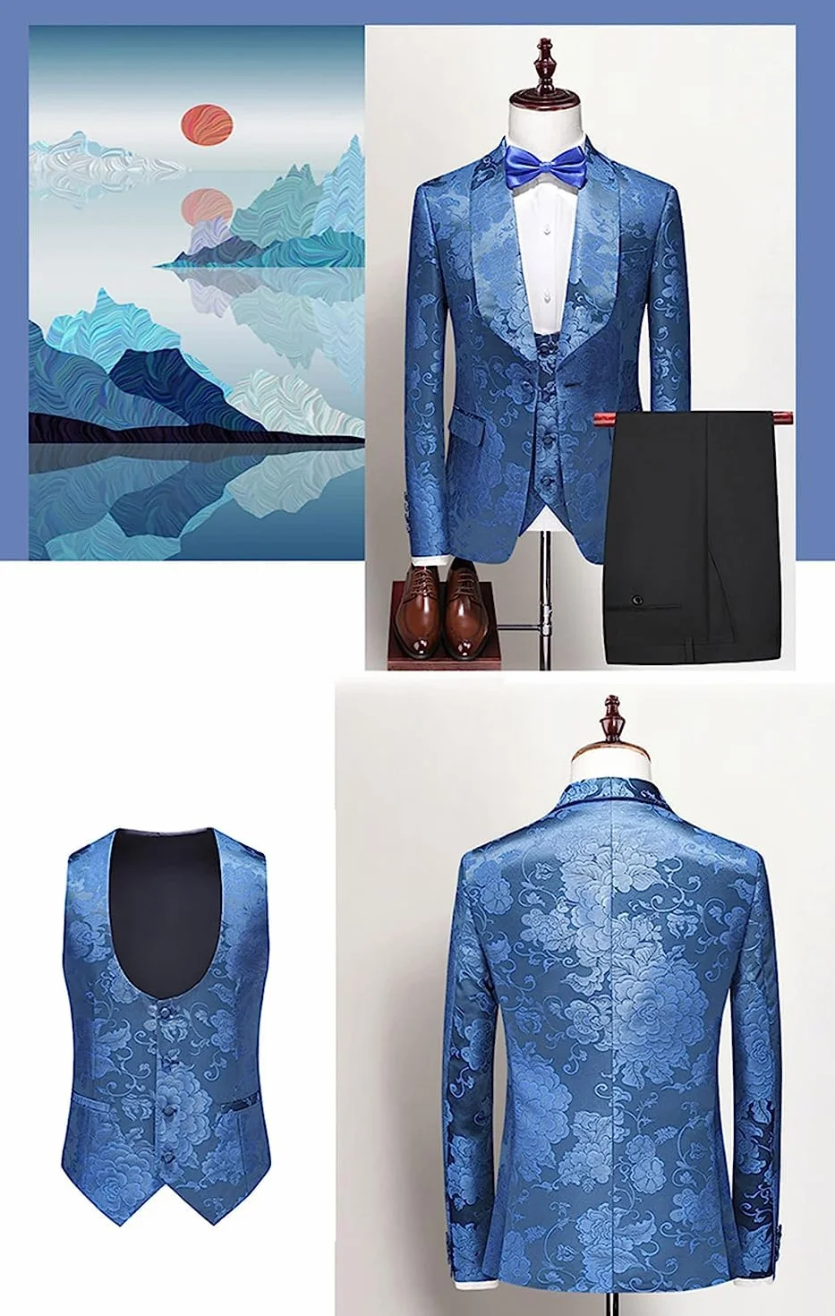 compulsoryking Męski garnitur slim fit 3-częściowy żakardowy garnitur smoking 1 guzik szal kołnierz ślubny formalny smoking codzienny garnitur biznesowy