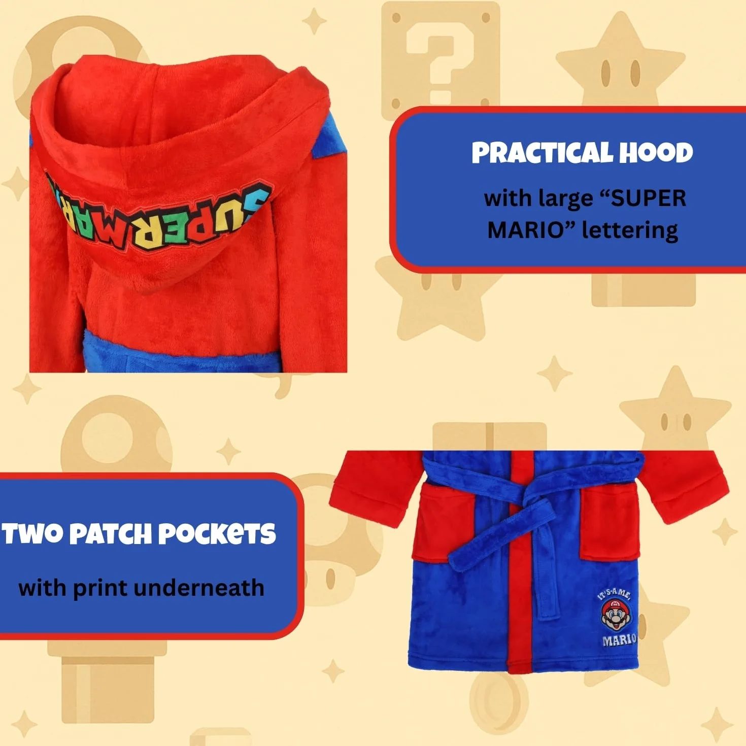 Super Mario Dziecięcy szlafrok kąpielowy, puszysty, polar koralowy z kapturem, logo, dla chłopców i dziewczynek