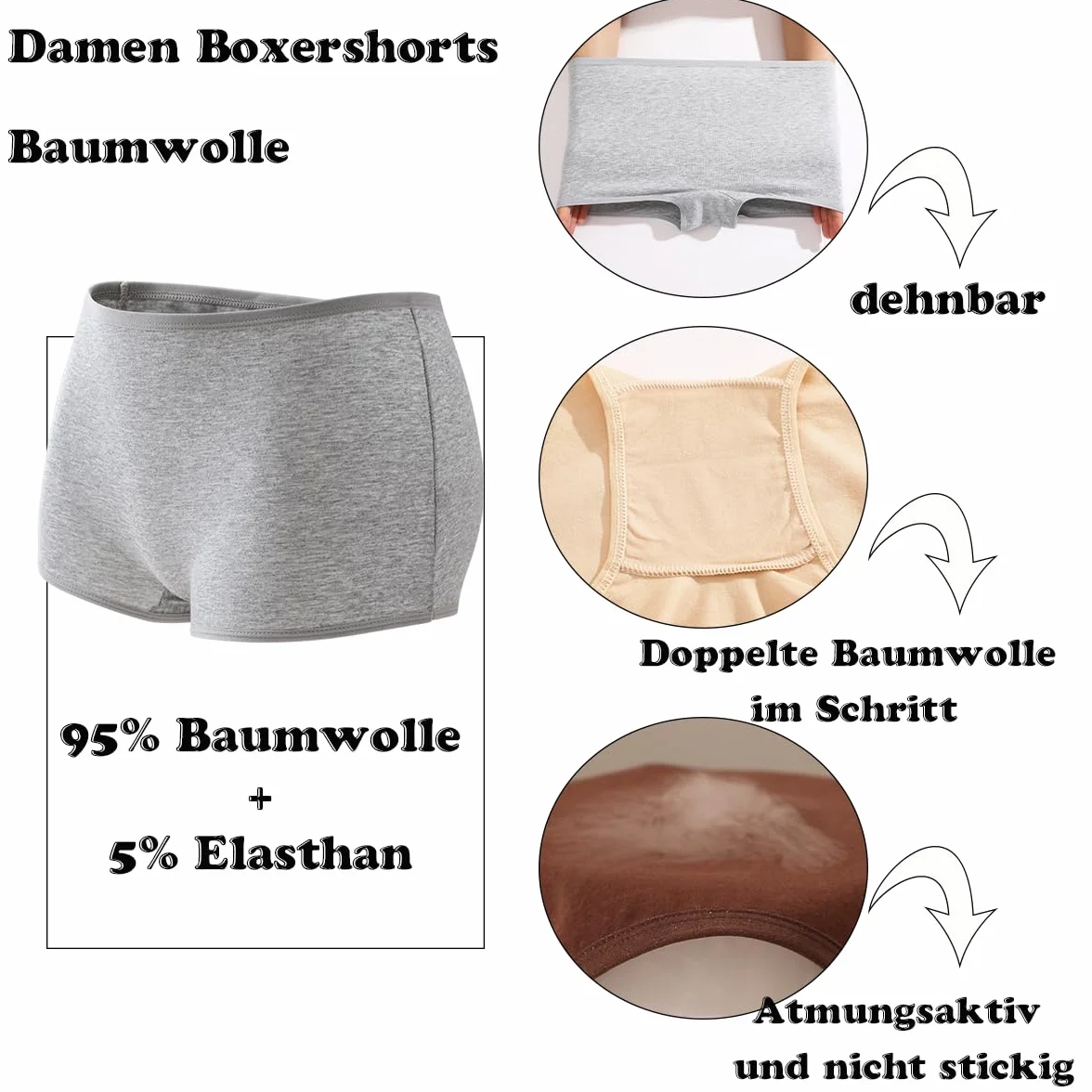 ALL OF SHE Damskie bokserki z miękkiej bawełny - oddychające damskie majtki bawełniane, elastyczne, wygodne do codziennego użytku, 6 sztuk, rozmiary S-XXL, Opakowanie A-6, M