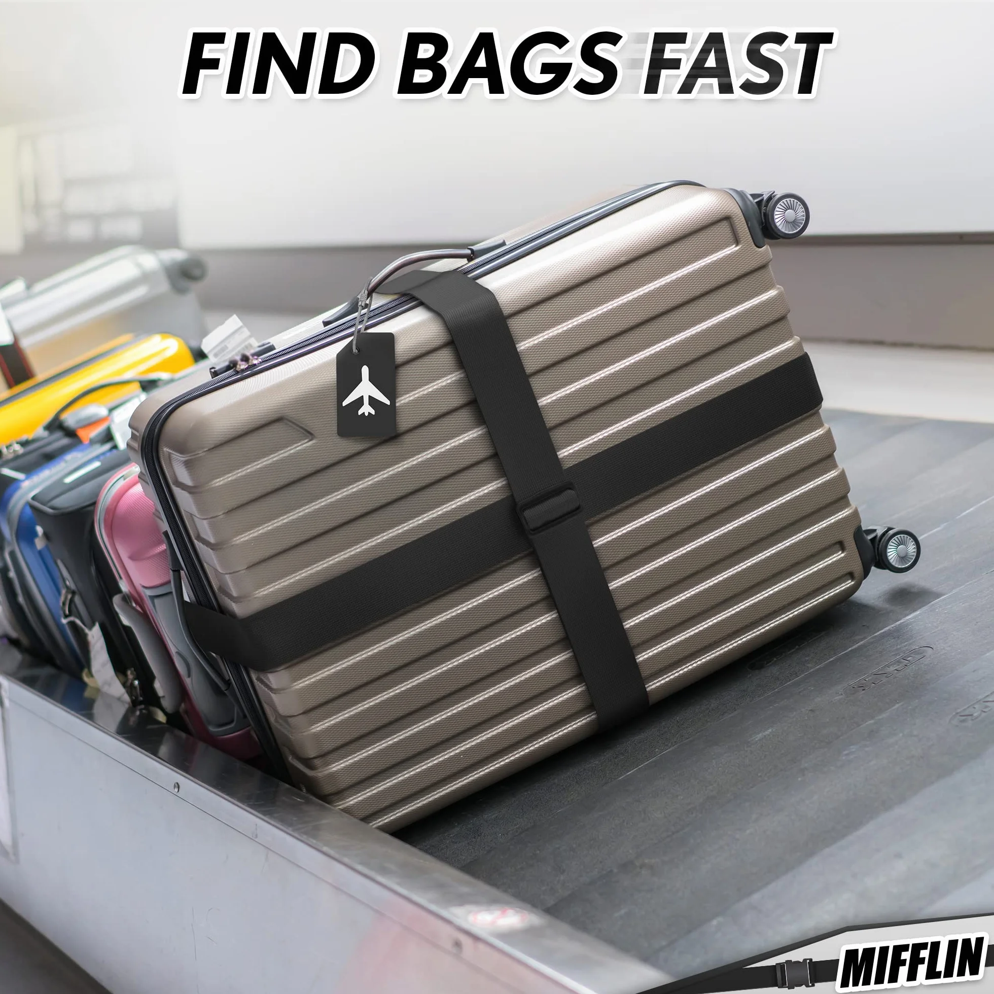 Luggage Straps - Black, 2m Long, 5cm Wide, 4 Pack - Adjustable Nylon Belt for Travel Suitcases & Bags - by Mifflin