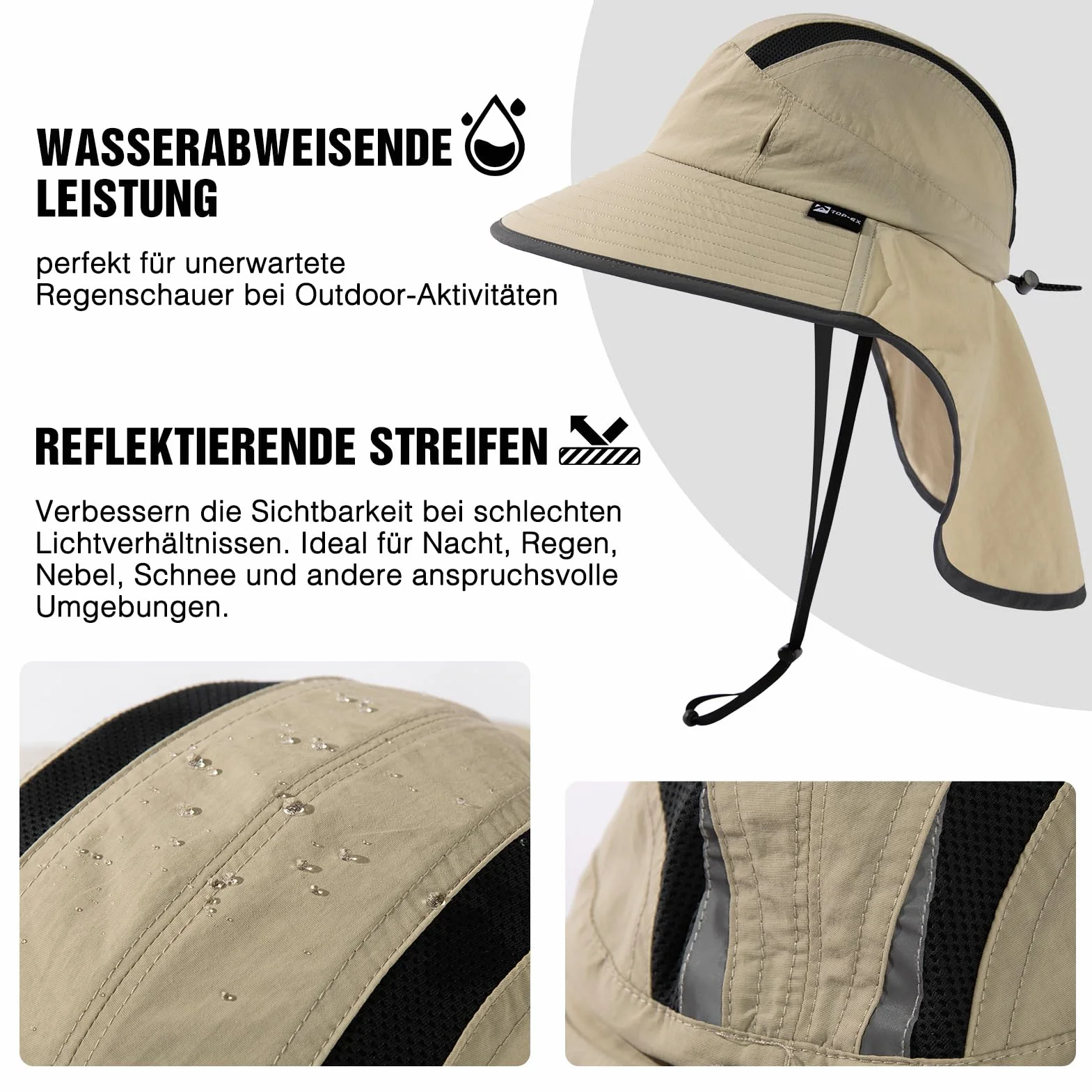 TOP-EX XL/XXL unisex kapelusz przeciwsłoneczny, z szerokim rondem, z ochroną karku, uchwyt na okulary przeciwsłoneczne, outdoorowy, safari, kapelusz letni, wodoszczelny i składany