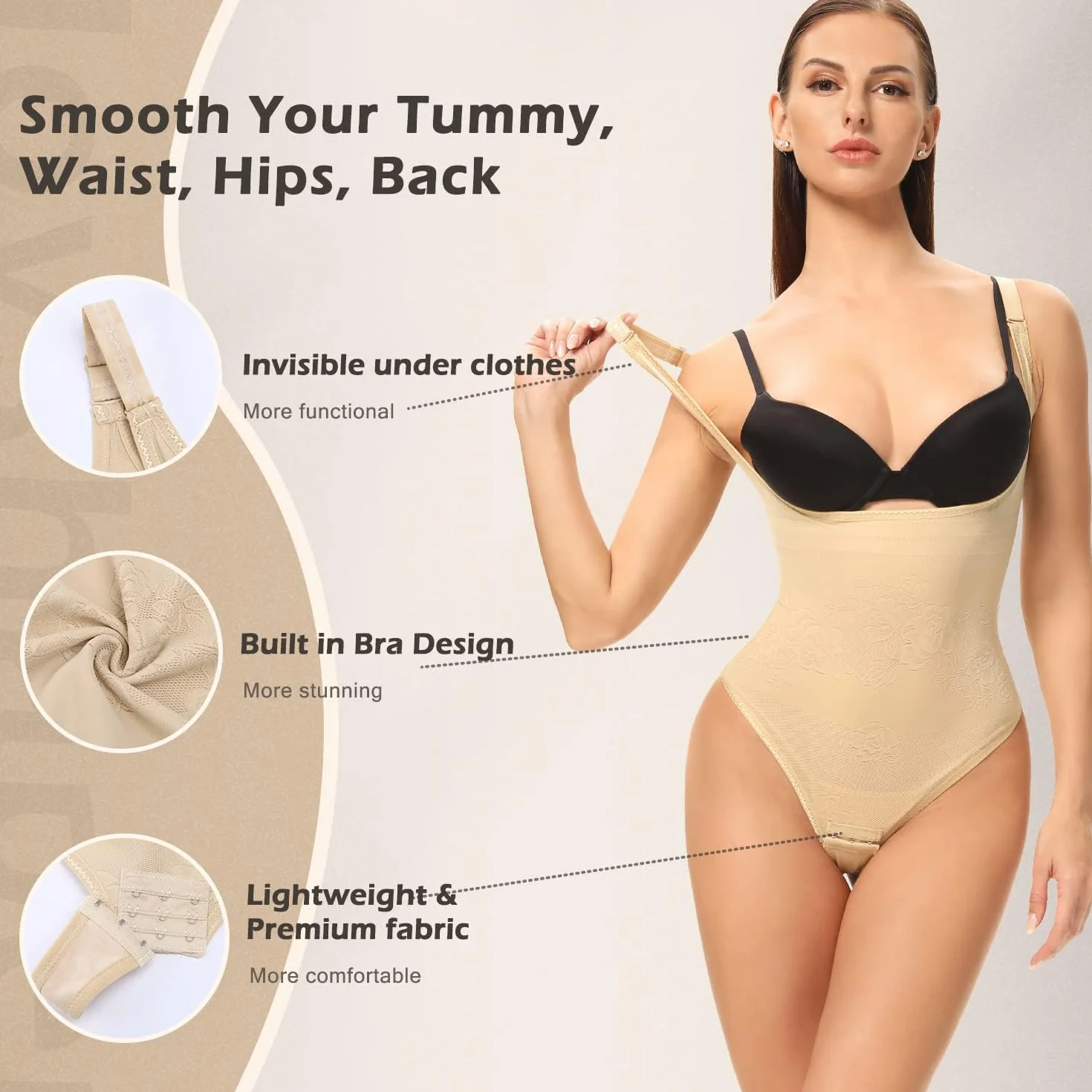 Joyshaper Figurformujący Body Damski Tanga Mocno Wyciągające Talię Formujące Body Bielizna z Haftkami Modelujący Bodysuit, Be?owy-1, XL