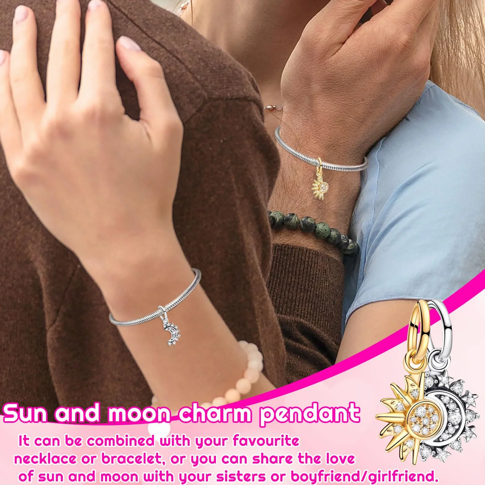 SoundZero Błyszczące słońce i księżyc Boże Narodzenie Charm, Love Beads Wisiorki, Pojedyncze wisiorki dla kobiet