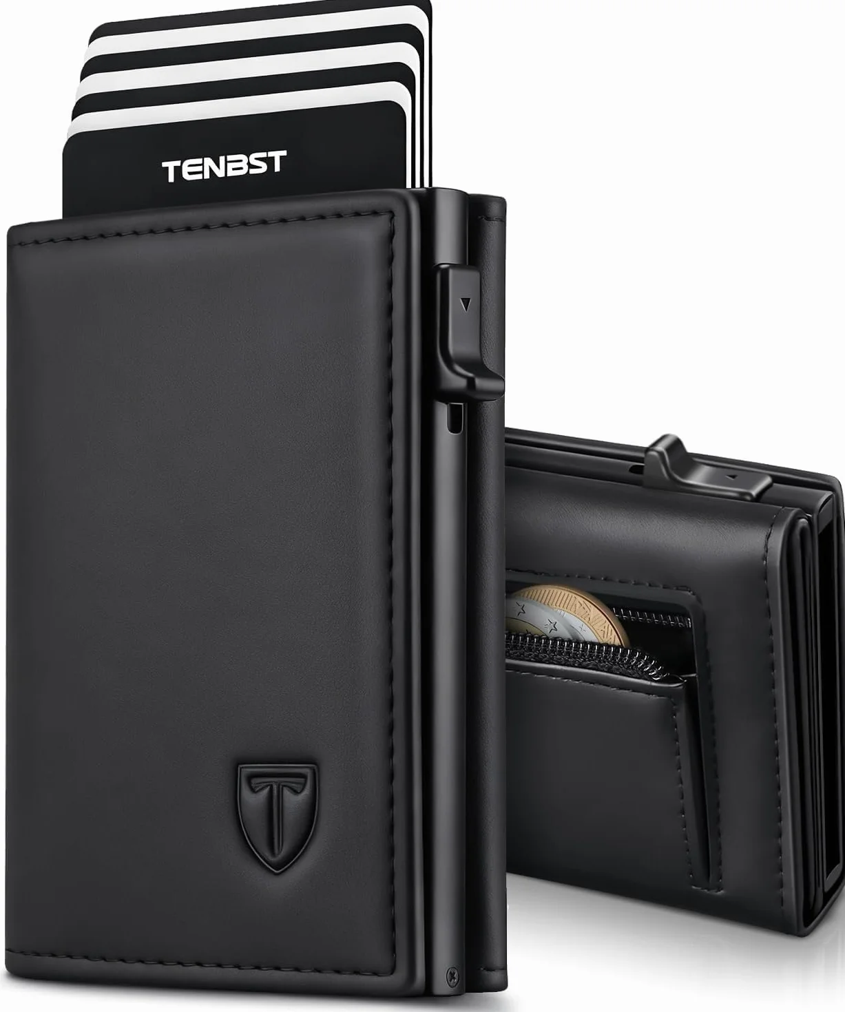 TENBST Portfel męski z ochroną RFID, smukły portfel z kieszonką na monety, 10 kartek, portmonetka męska, magnetyczny portfel dla mężczyzn, etui na karty kredytowe z pudełkiem upominkowym - czarny