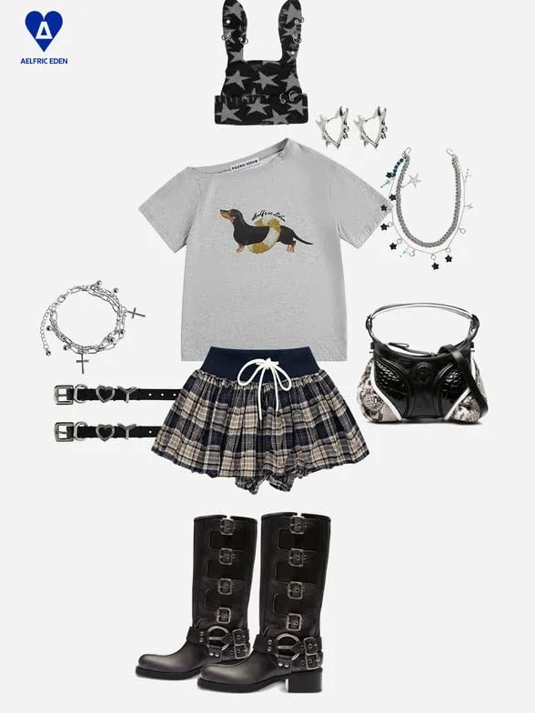 Aelfric Eden Dachshund Off Shoulder T-shirt damski z kreskówki pies t-shirt letnia górna część casualowa koszulka z krótkim rękawem basic okrągły dekolt top Y2K