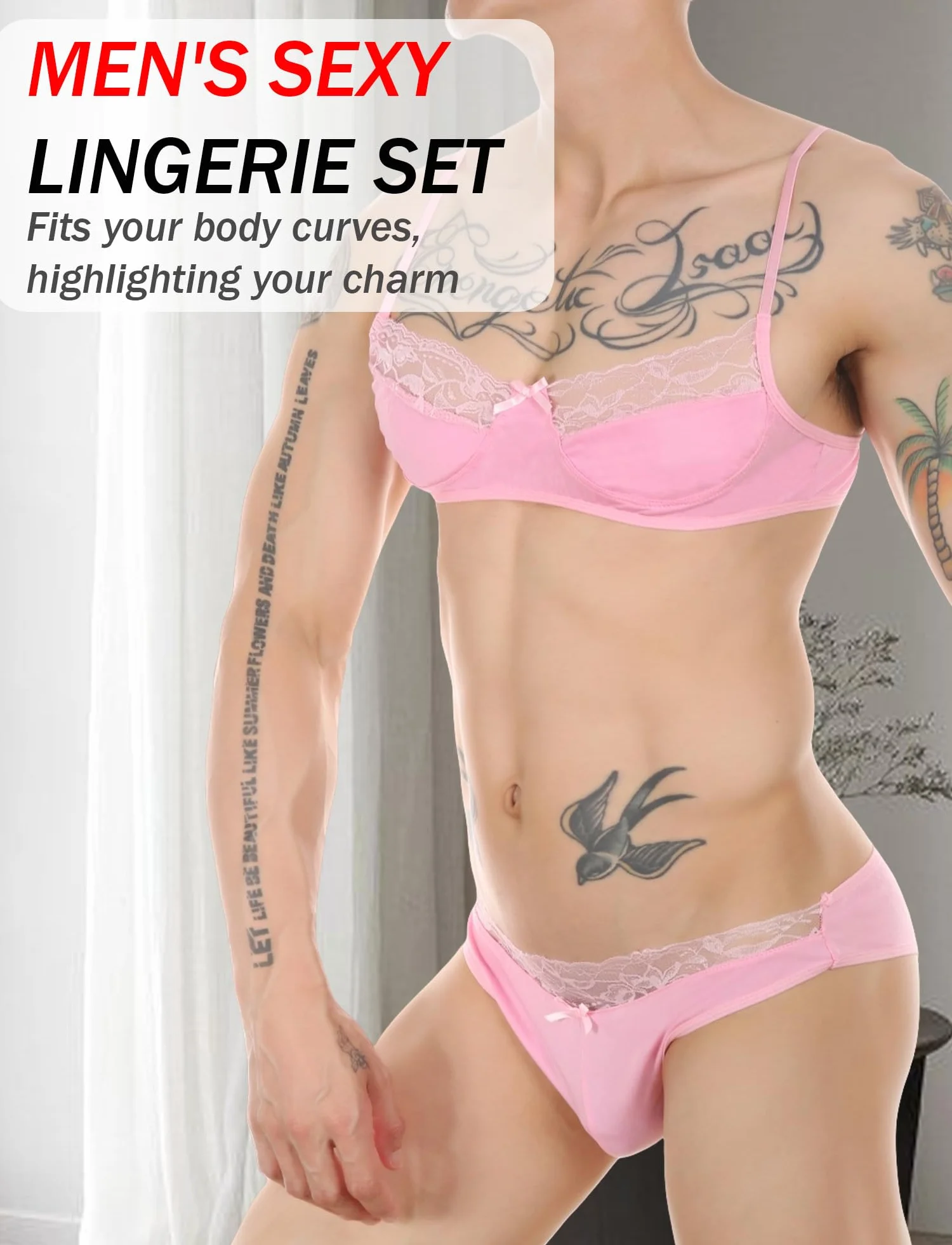 Happy Cherry Męskie bikini crossdressing zestaw bielizny koronkowy biustonosz bielizna zestaw 2-częściowy
