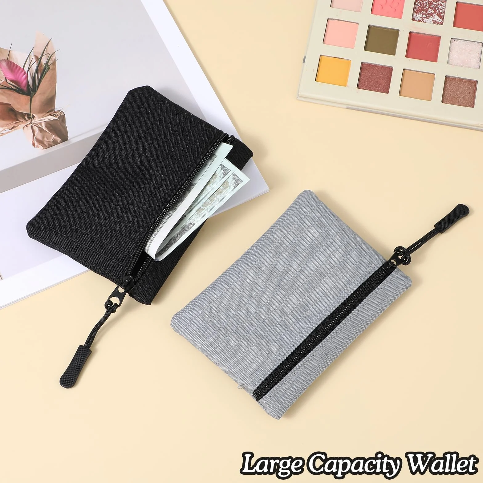 2 szt. Portmonetka Saszetka, Mini Torba Mały Portfel na Karty Kredytowe Etui na Zamek Błyskawiczny, Smukły Organizer Biznesowy, Czarny i szary, S, Klasyczny