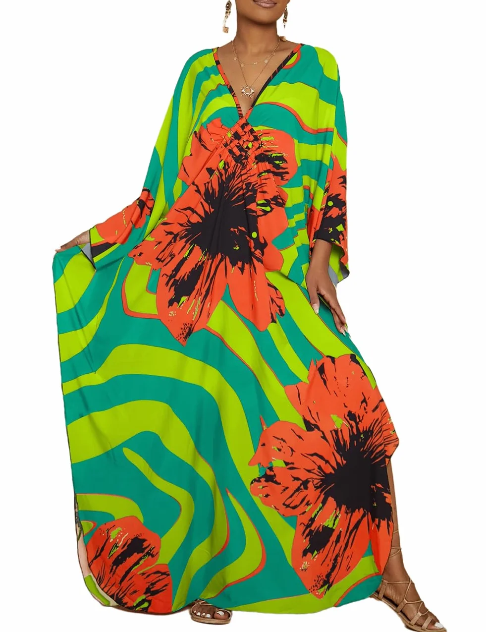 Bsubseach Damskie sukienki plażowe Kaftan w paski z nadrukiem plus size strój kąpielowy okrycie do sukienki typu Caftan Loungewear