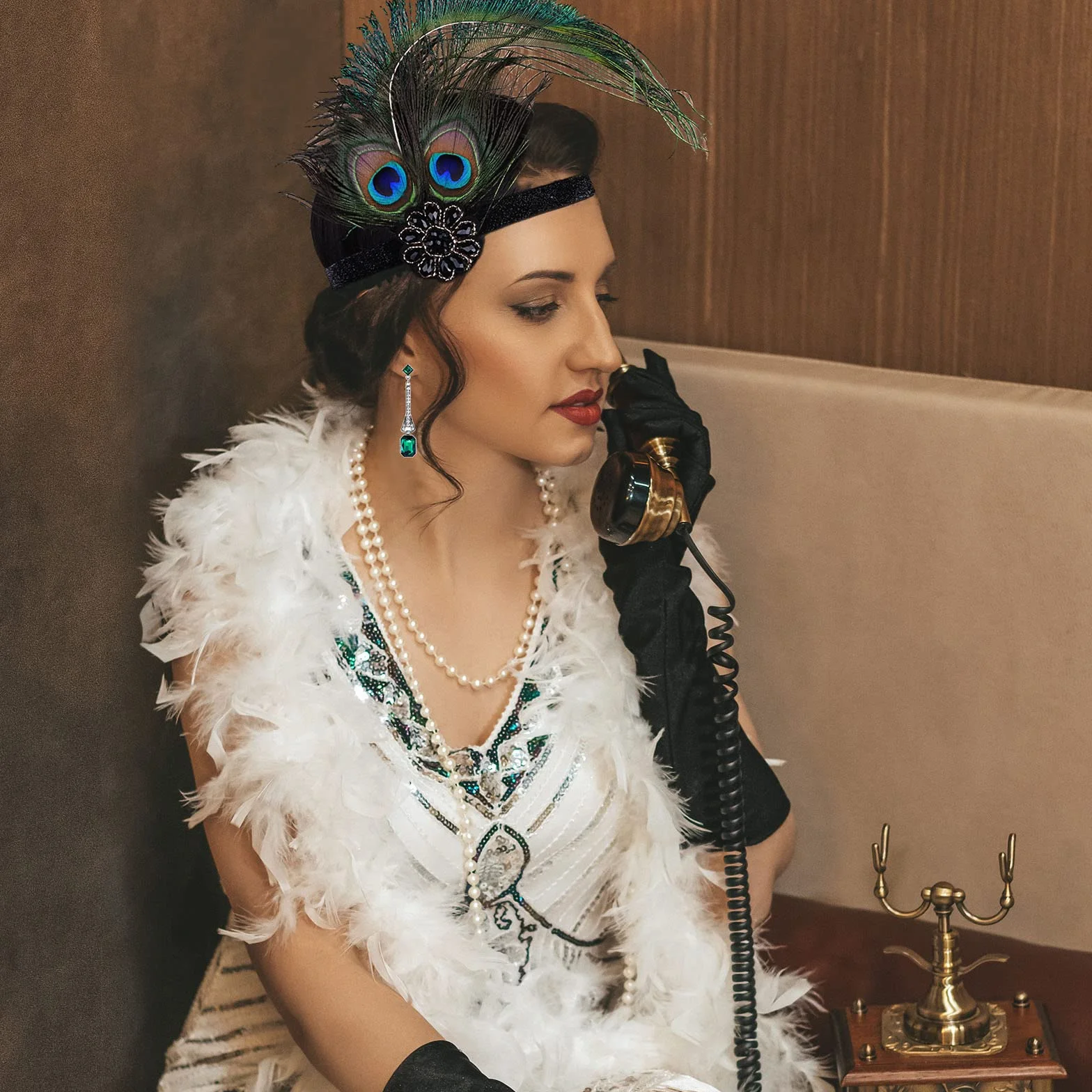 PLULON 7 sztuk 1920 Flapper Great Gatsby Akcesoria Zestaw Moda Roaring 20's Zestaw tematyczny z opaską na głowę Długie Czarne Rękawiczki Naszyjnik Kolczyki dla kobiet (Styl 5)