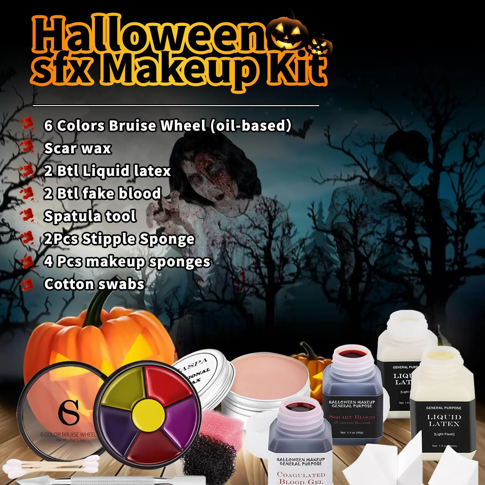 CHASPA Zestaw do makijażu SFX z płynnym lateksem na Halloween – wosk bliznowy + 2 płynny lateks Btl + 2 sztuczne krew Btl + narzędzie szpatułki + 2 gąbki do szpikulca + 4 gąbki do makijażu + waciki