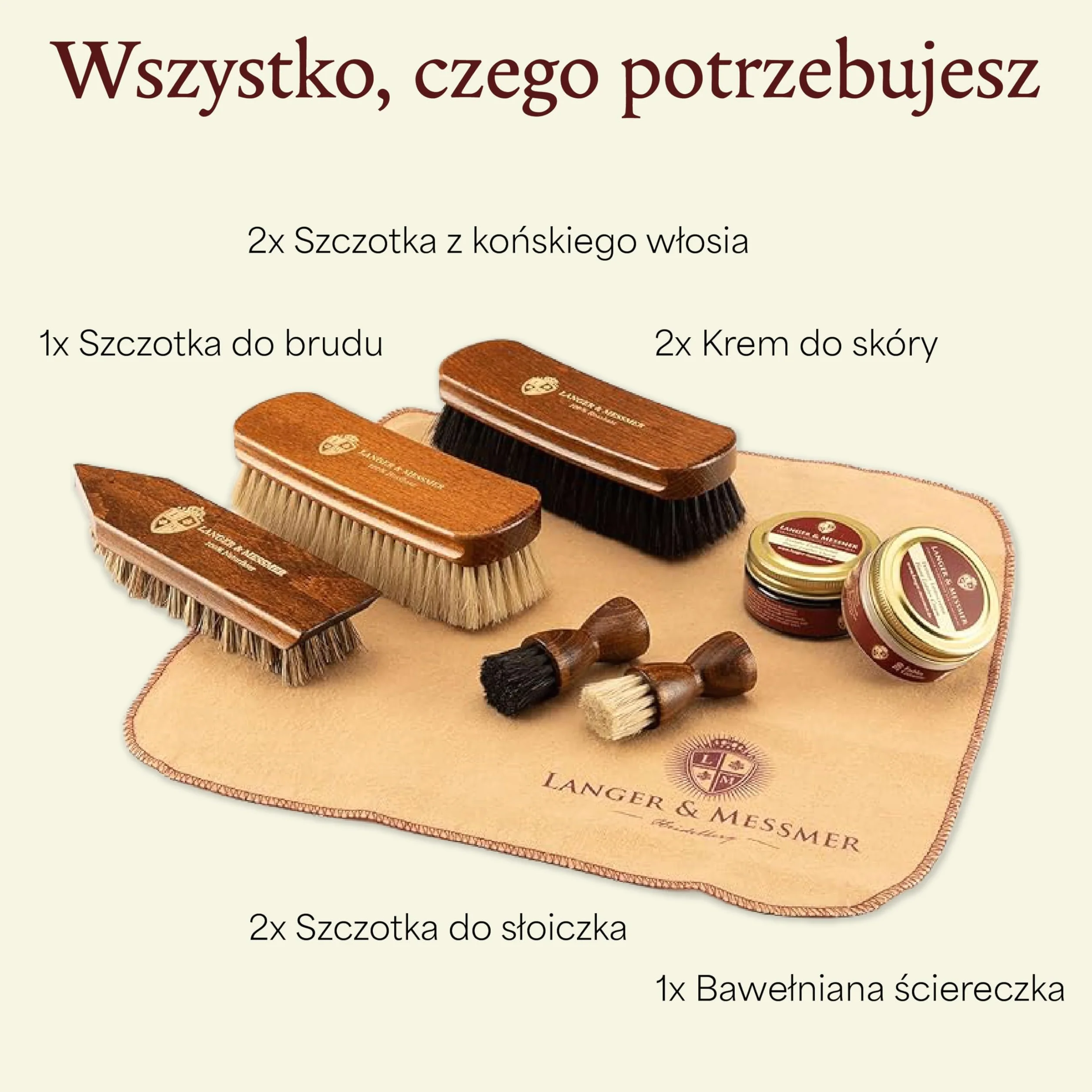 Langer & Messmer 8-częściowy zestaw do pielęgnacji butów, w tym kremy do pielęgnacji skóry i wysokiej jakości szczotki z różowego włosia do efektywnej pielęgnacji butów z gładkiej skóry – zestaw do