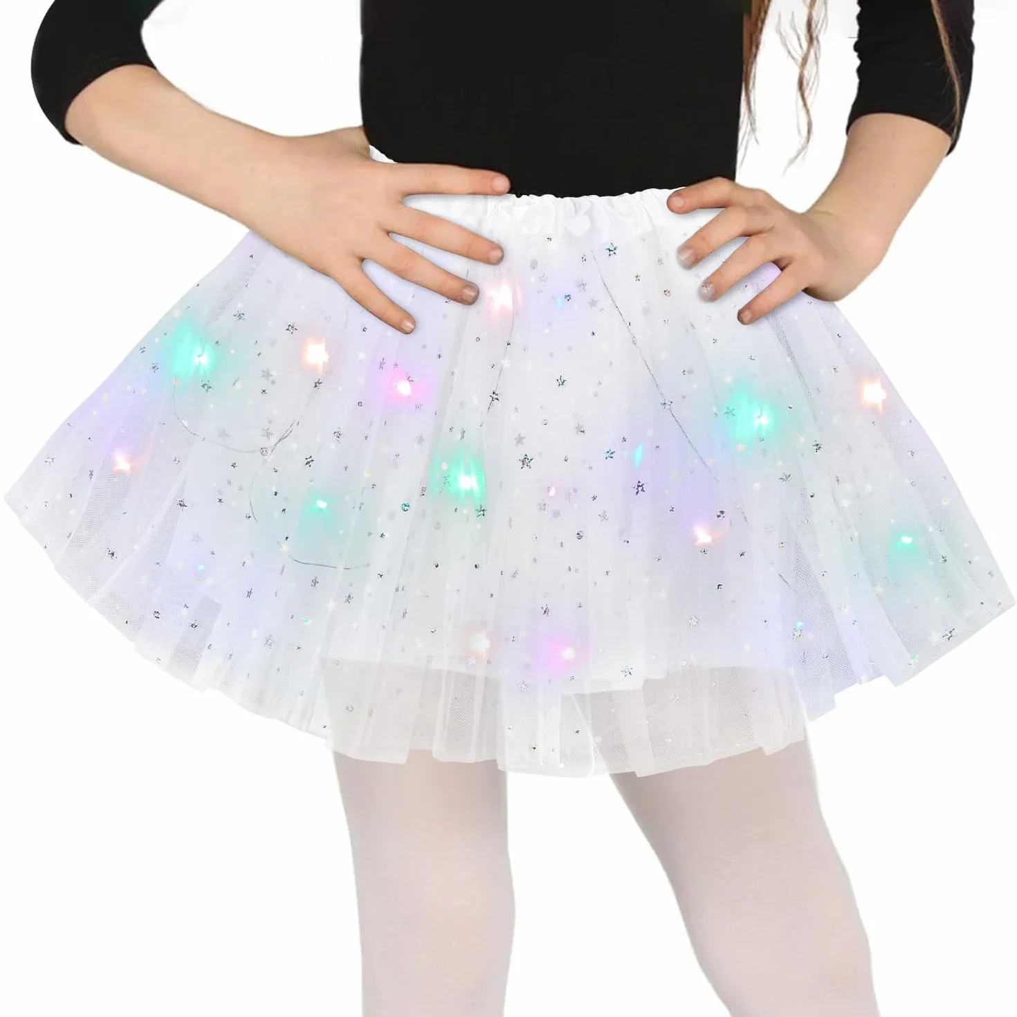 Wishstar Spódnica tiulowa dla dziewcząt, gwiazdy cekiny sukienka do tańca, 30 cm elastyczna mini spódnica z diodami LED, dla dziewczynek spódniczka baletowa na karnawał Halloween, sukienka baletowa