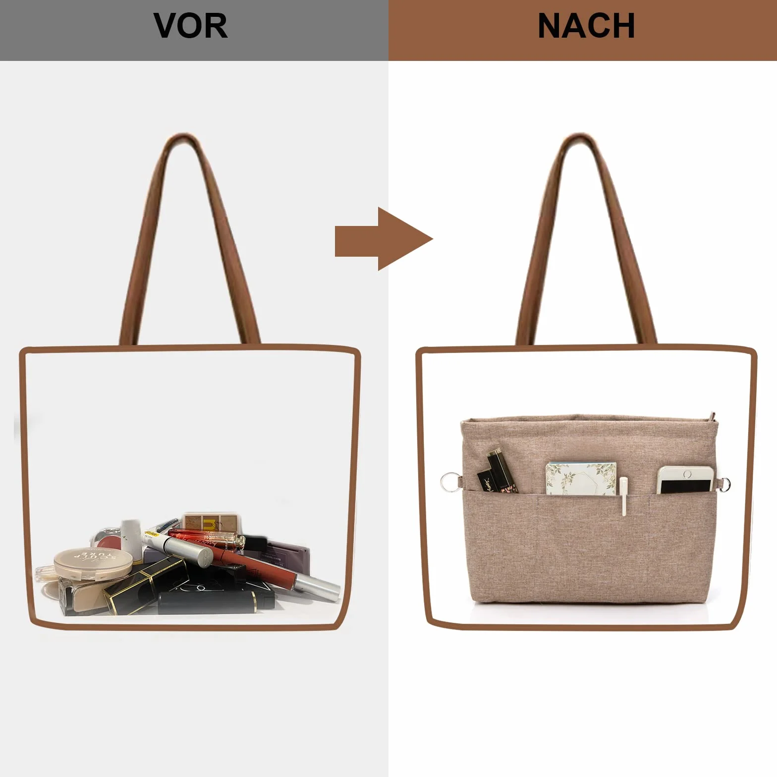 WHC Kieszenie wewnętrzne na torebkę, mały organizer kieszonkowy w torebce, 18 x 7,5 x 14,5 cm, bardzo mała, organizer do torebki, z pękiem kluczy, organizer do torebki