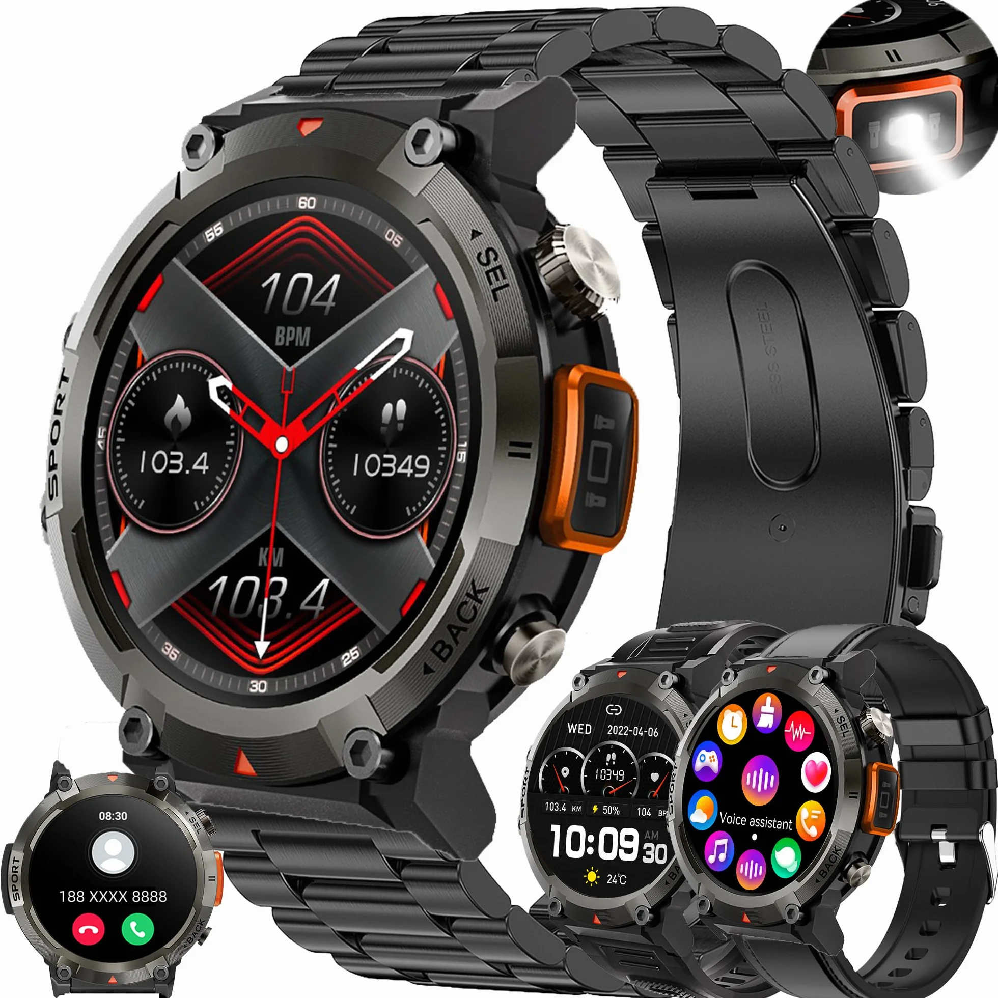 Smartwatche Mężczyźni z Funkcje Telefonu Bluetooth, Sportowy Smartwatch 1,45 Cala ze 123 trybami Sportowymi, Pochodnia, Pomiarem Tętna, Odtwarzaczem Muzycznym, Wodoodpornością IP68 dla Android iOS
