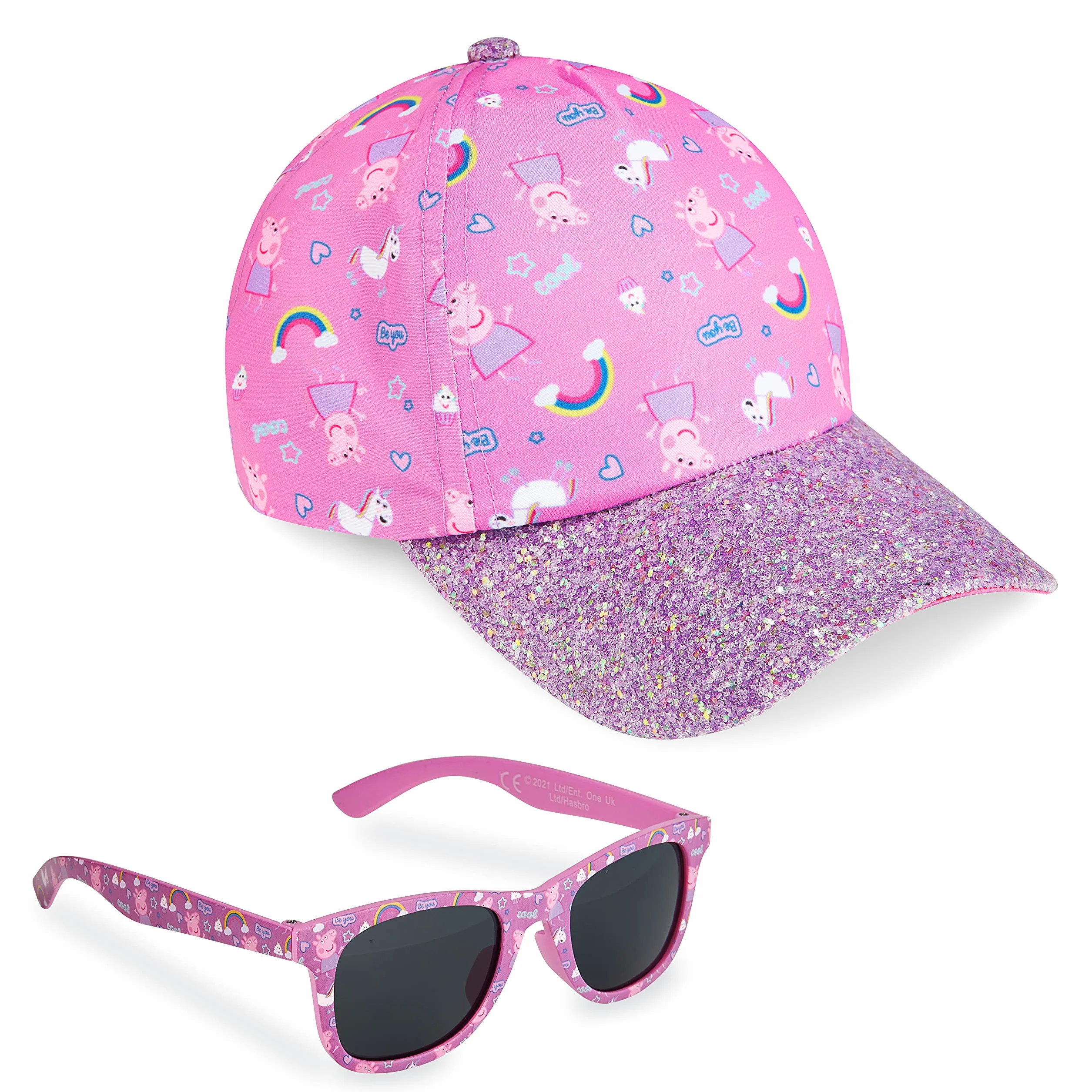 Peppa Pig Okulary przeciwsłoneczne czapka z daszkiem zestaw akcesoriów dla dziewczynek lato tęczowy jednorożec kapelusz przeciwsłoneczny 100% UV dzieci okulary przeciwsłoneczne plaża wakacje, różowy