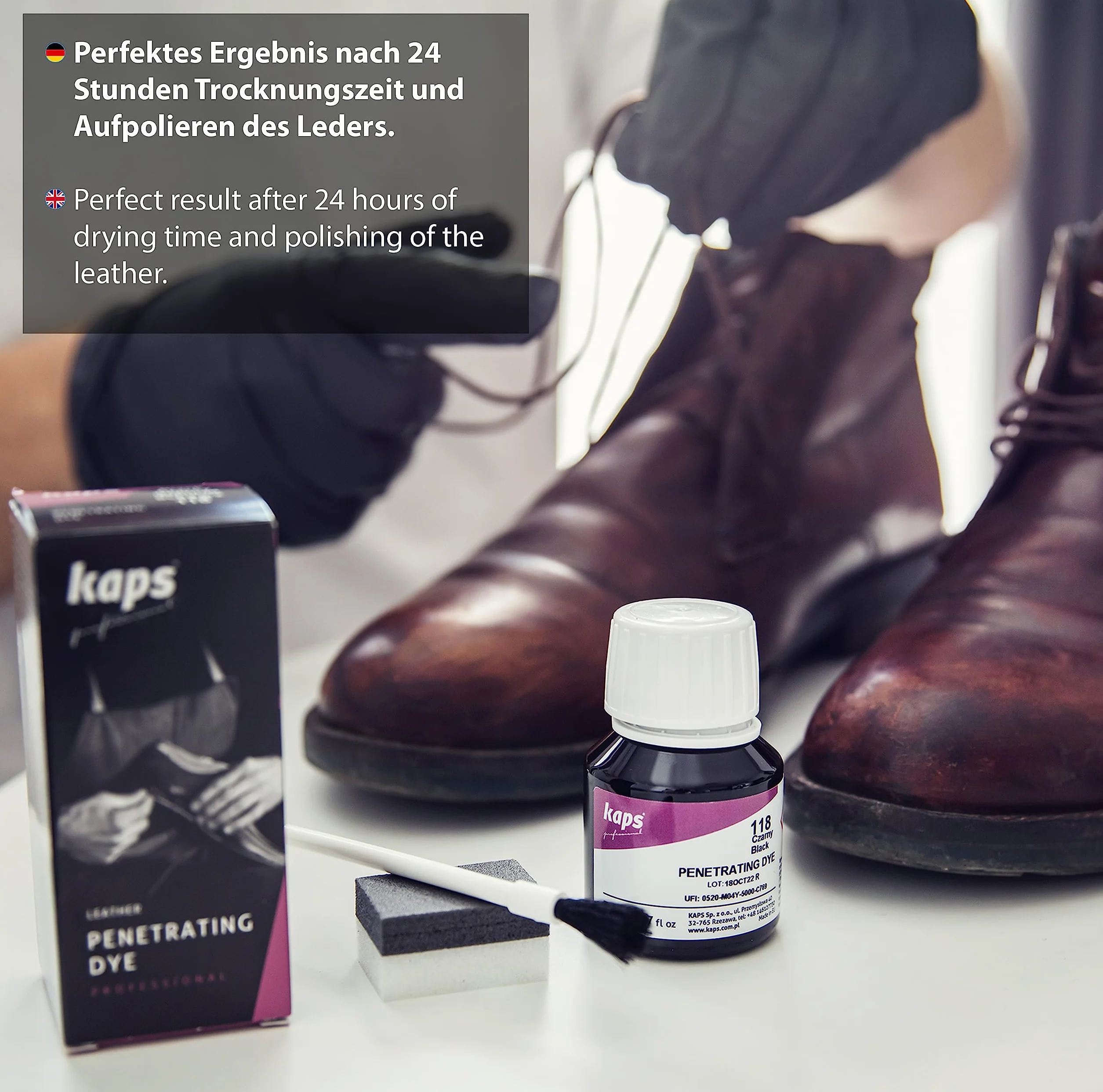 Kaps Penetrating Dye - Penetrująca Farba do Skóry Naturalnej, Gładkiej, Licowej oraz Sztucznej, Do Butów, Toreb oraz Innych Artykułów Skórzanych, 50 ml - 1.70 fl. Oz (118 - czarny)
