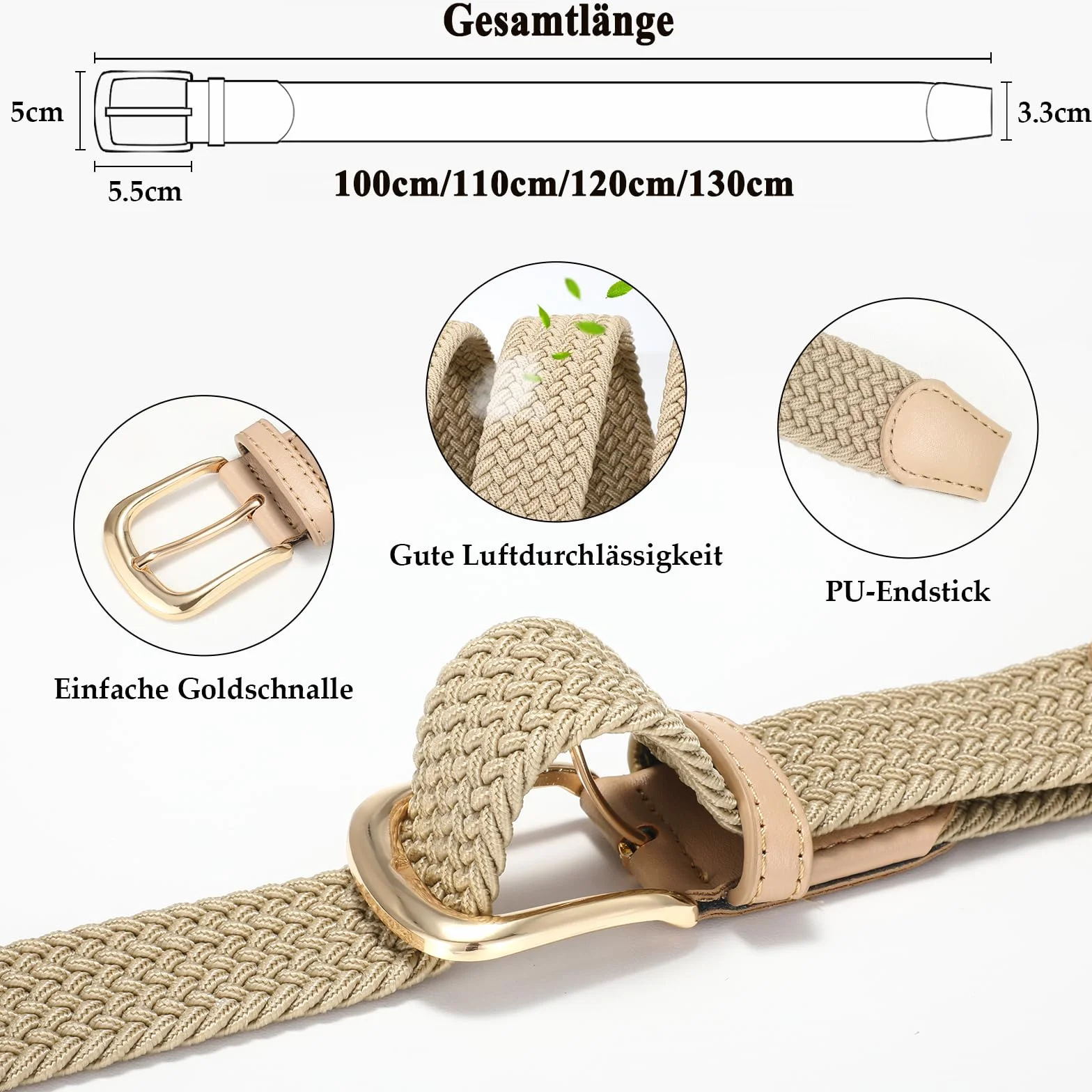JasGood Pasek damski, pleciony, elastyczny pasek, regulowany pasek ze stretchu, szerokość 3,3 cm, do dżinsów i spodni, rozciągliwy pasek materiałowy unisex