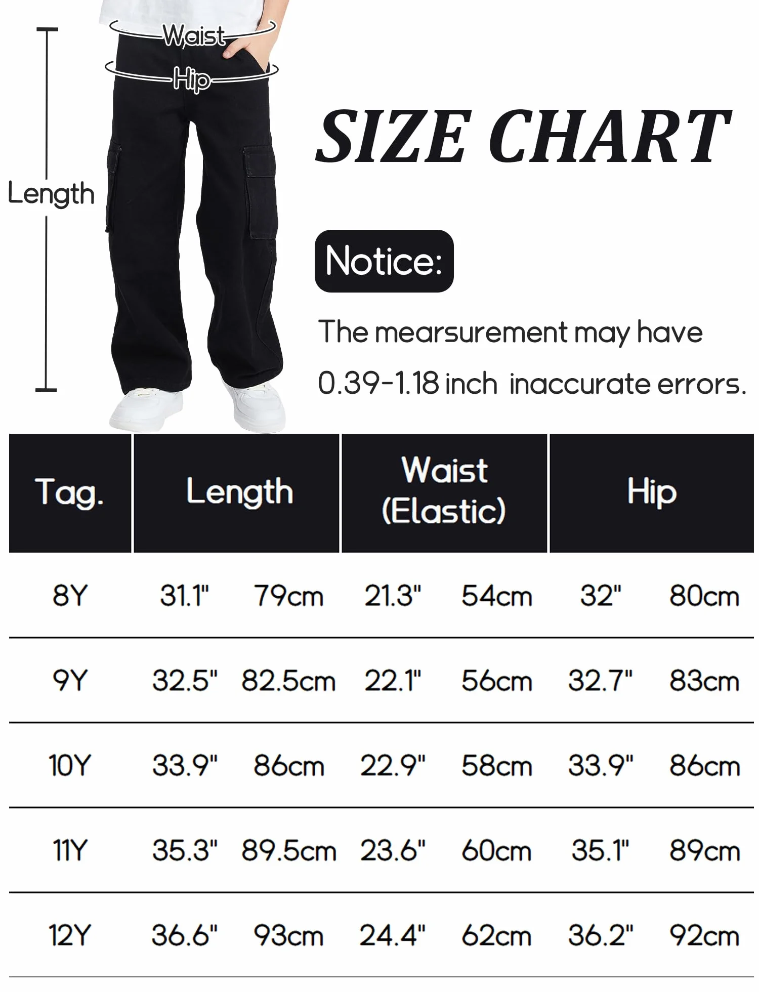 SEAUR Cargo Jeans Y2K Hip Hop spodnie Baggy z gumowym ściągaczem, dziecięce spodnie cargo, Streetwear EU 128-152 (8-12 lat)