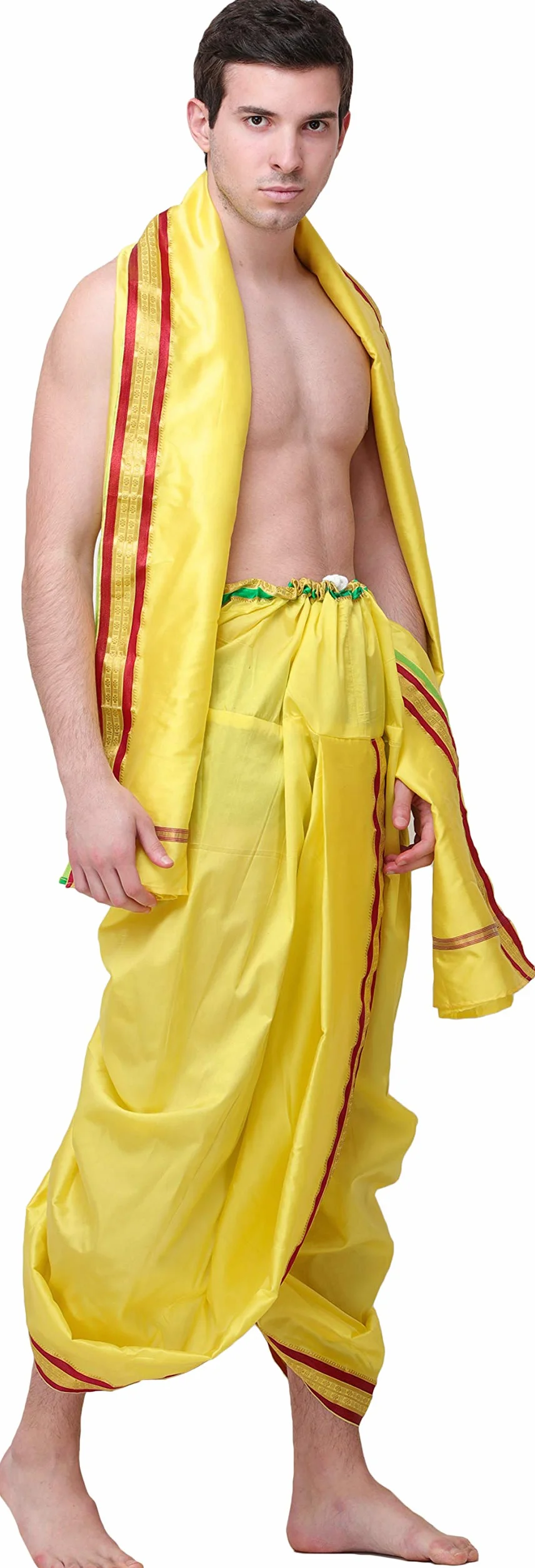 Exotic India Gotowy do noszenia zestaw Dhoti i Angavastram z tkaną złotą obwódką